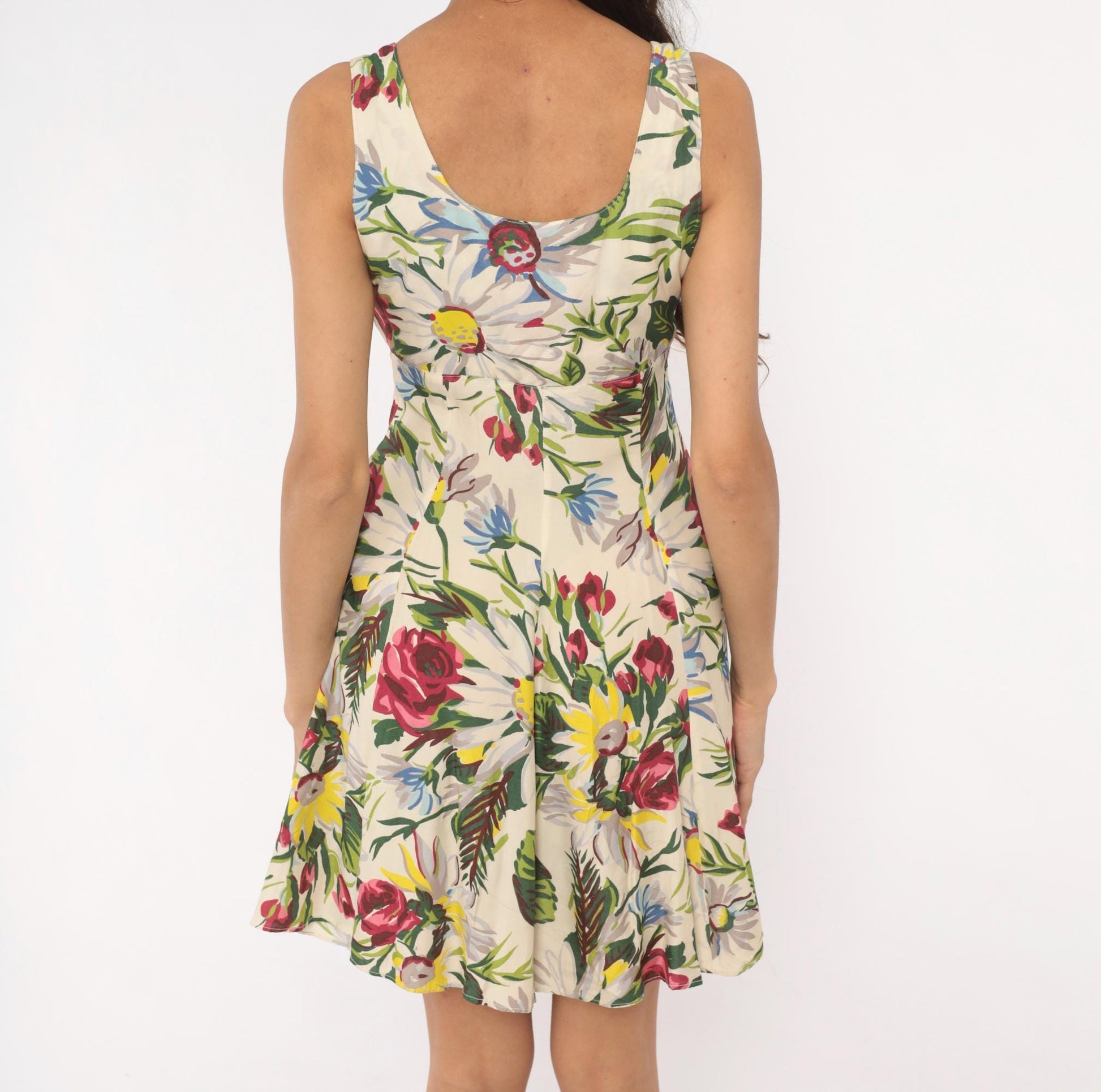 90s Esprit Floral Sundress Rose Daisy Print Button Front Cream Small