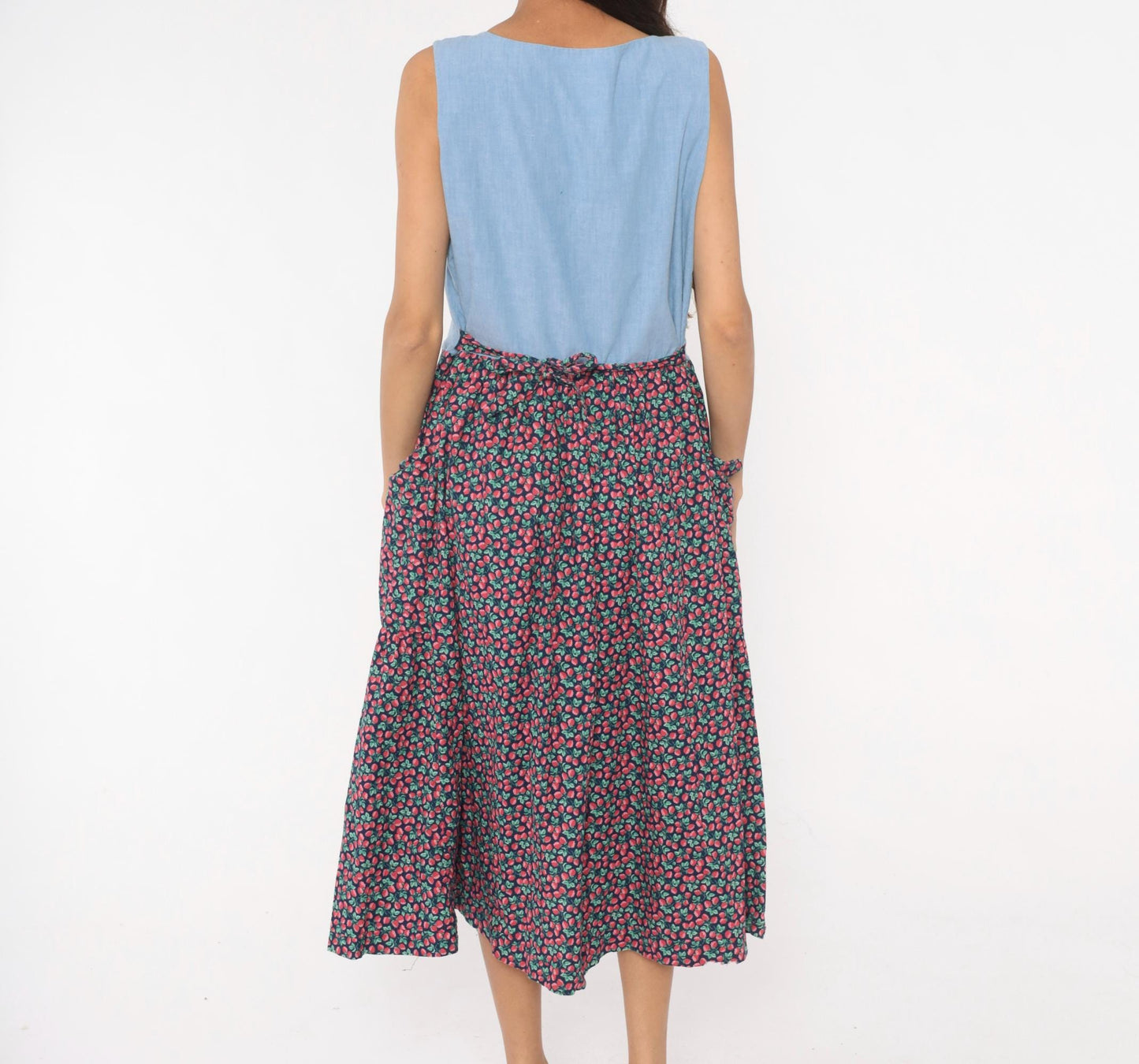 90s Raspberry Chambray Midi Dress Button Front Pockets Cotton Large L