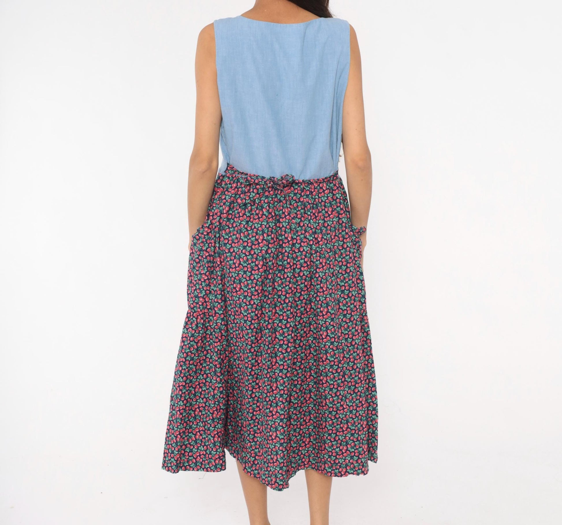 90s Raspberry Chambray Midi Dress Button Front Pockets Cotton Large L