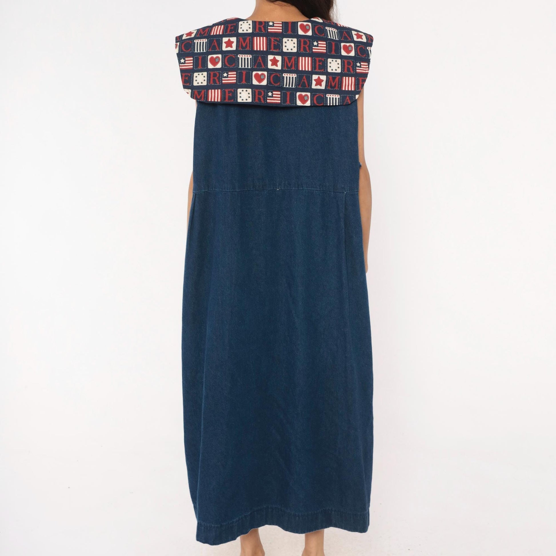 90s Americana Patchwork Denim Maxi Dress Navy Sailor Collar Plus Size XXL
