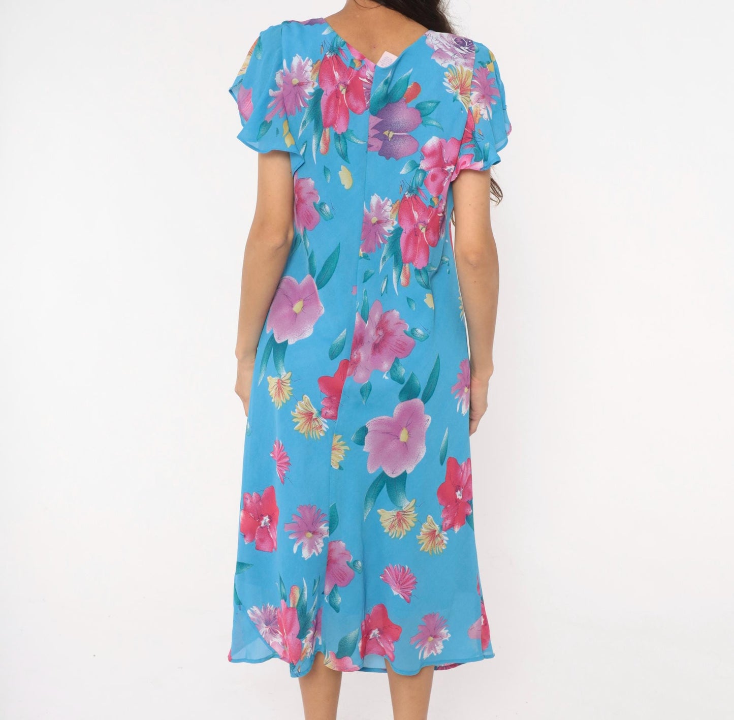 90s Southern Expressions Floral Midi Dress Sky Blue Flutter Sleeve Extra Large