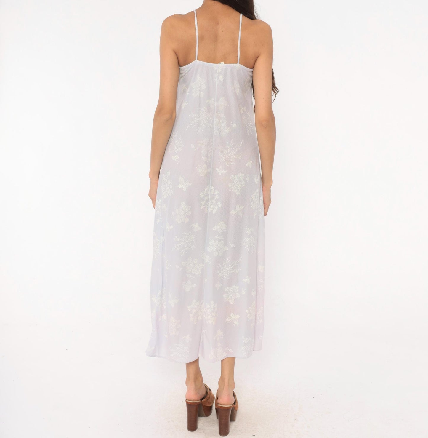 80s Lavender Floral Butterfly Maxi Nightgown Spaghetti Strap Lace Trim Small