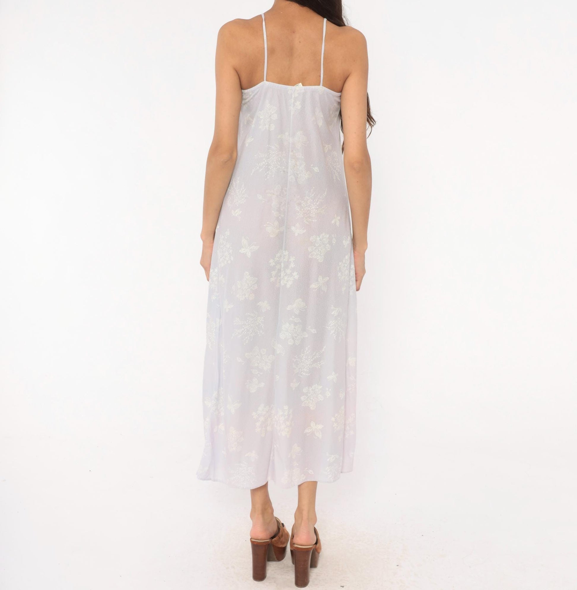 80s Lavender Floral Butterfly Maxi Nightgown Spaghetti Strap Lace Trim Small