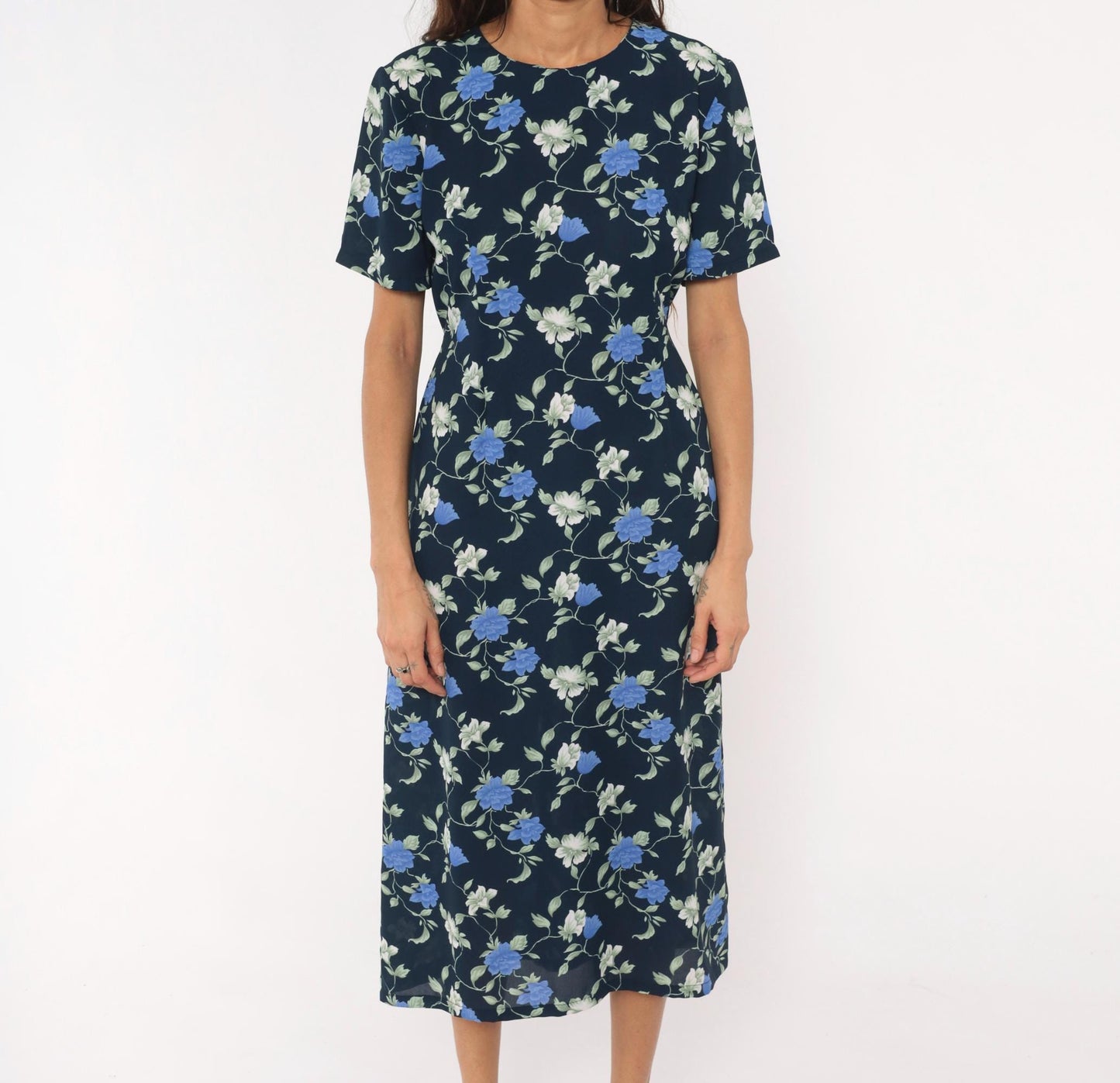 90s J.E. Fashion Floral Midi Dress Navy Blue Rose Print Short Sleeve Medium M