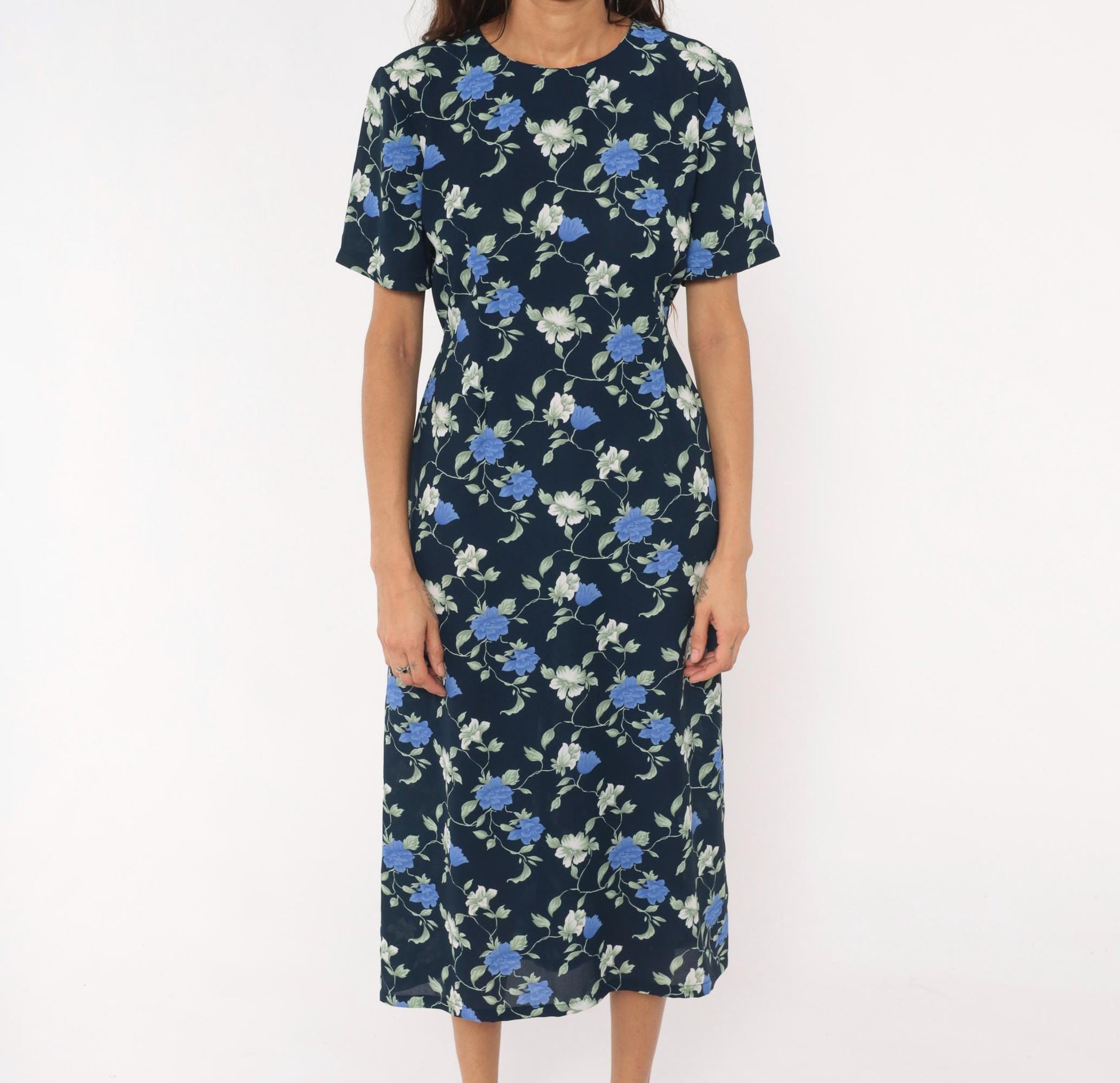 90s J.E. Fashion Floral Midi Dress Navy Blue Rose Print Short Sleeve Medium M