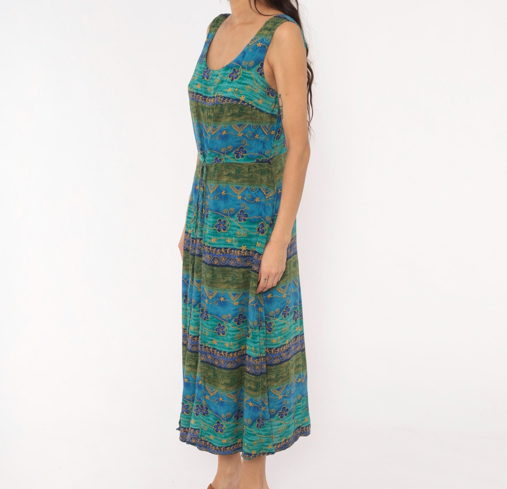 90s Tribal Floral Midi Dress Teal Blue Green Gold Tie Waist Tank Medium M