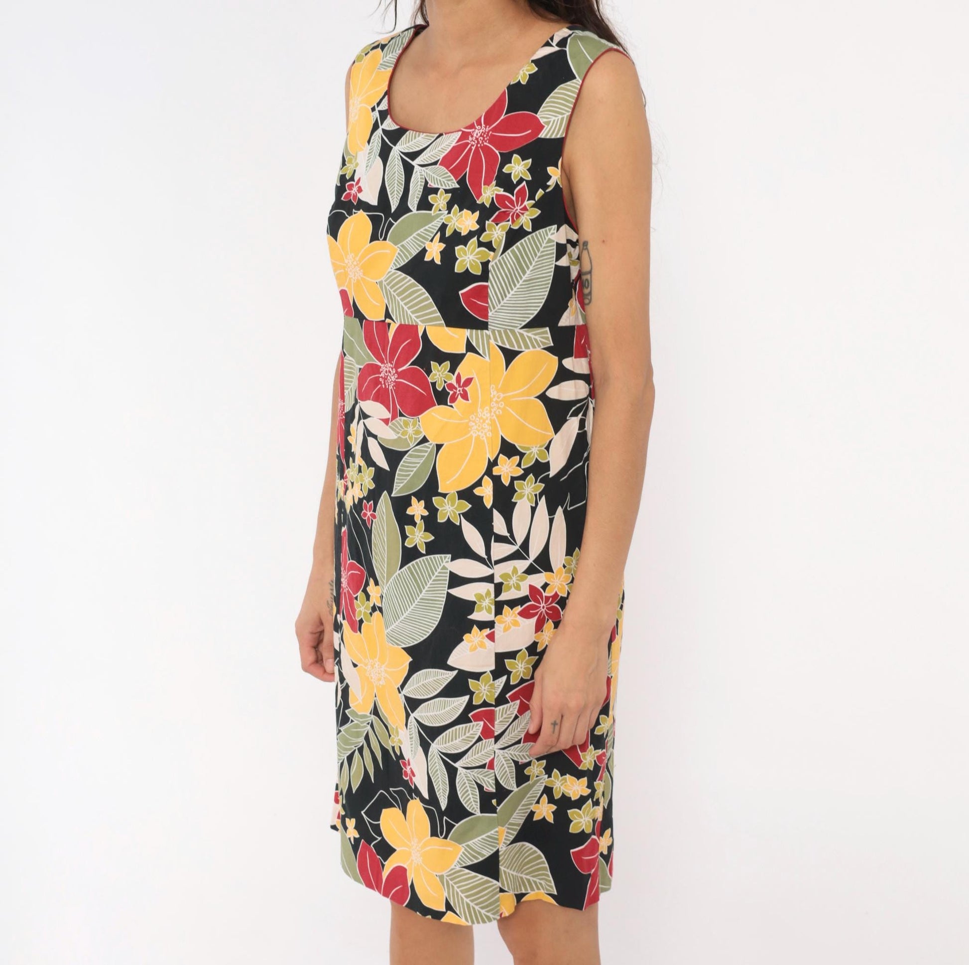 Y2K Erika Dresses Tropical Floral Sundress Black Red Yellow Knee-Length Large L
