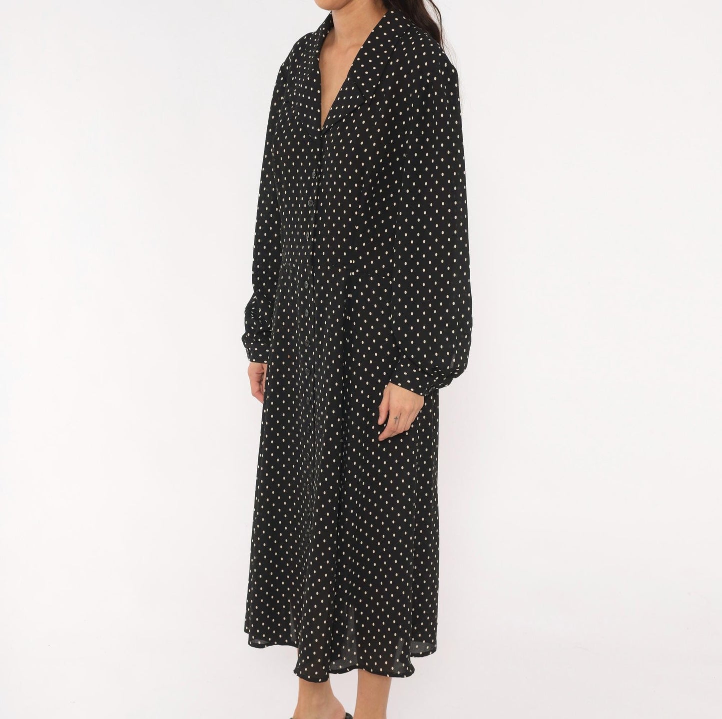 90s Liz Claiborne Polka Dot Shirt Dress Black White Midi Collar Extra Large XXL