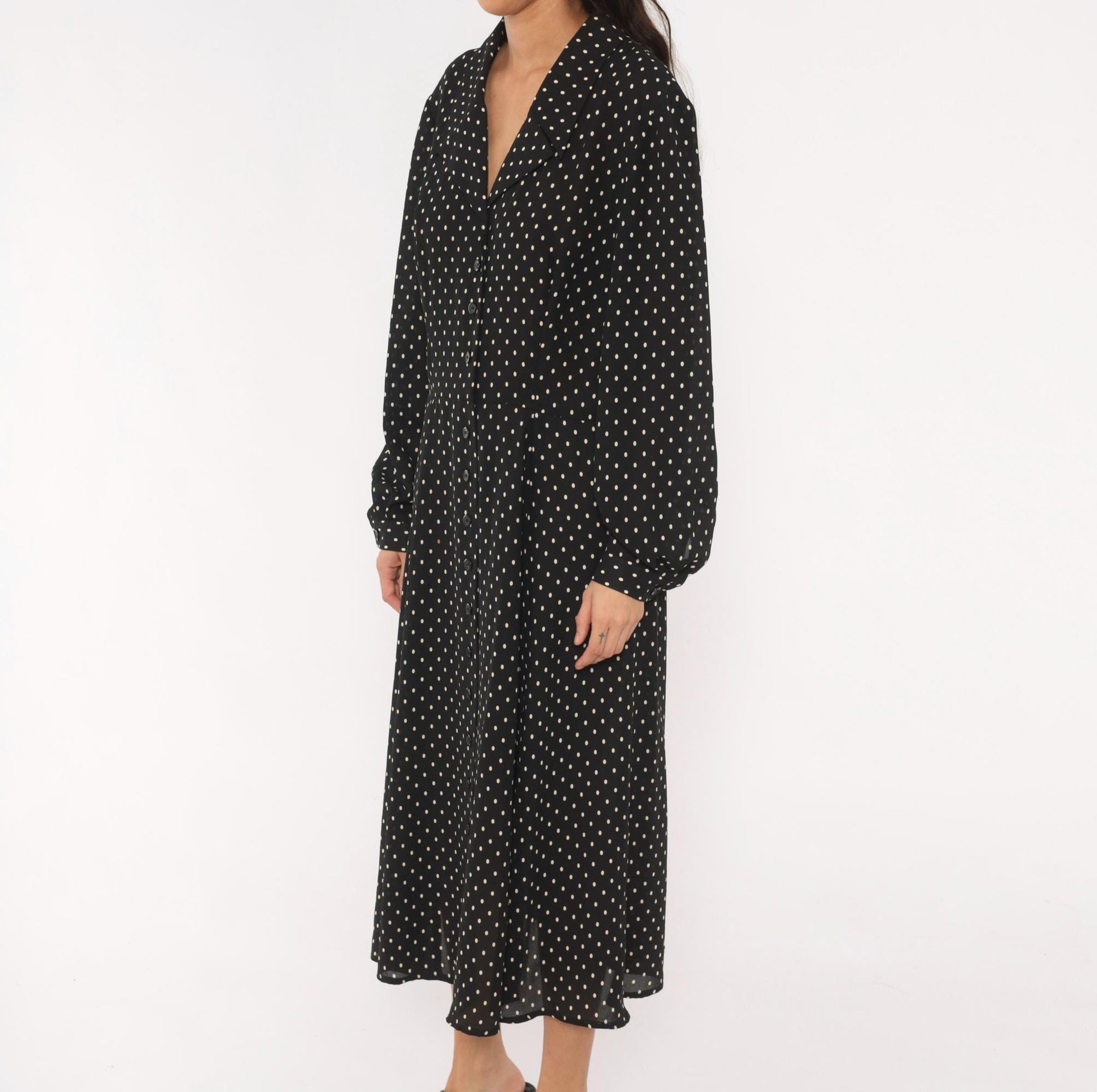 90s Liz Claiborne Polka Dot Shirt Dress Black White Midi Collar Extra Large XXL