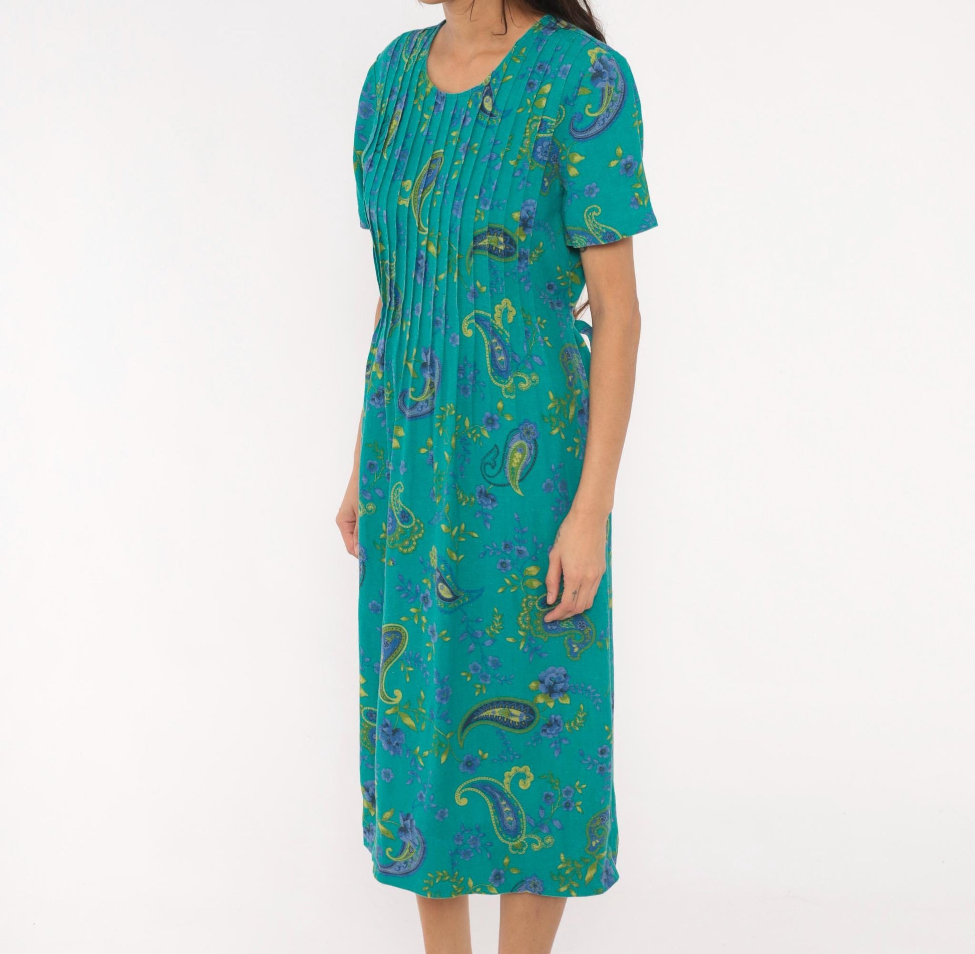 90s Miss Dorby Paisley Pintuck Midi Dress Teal Floral Cotton Medium M