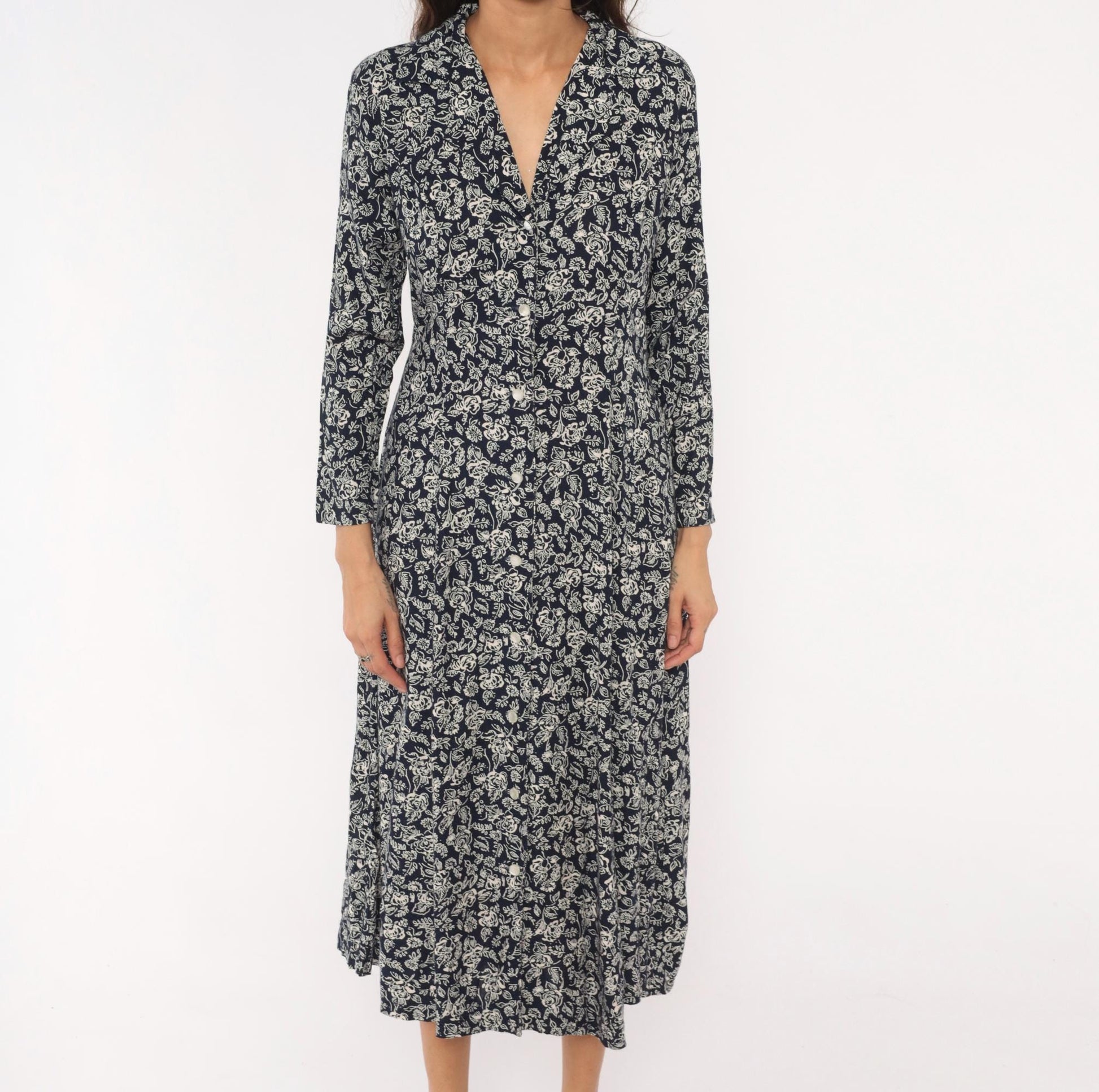 90s Two Twenty Floral Button Front Midi Dress Navy Cream Rose Print Medium M