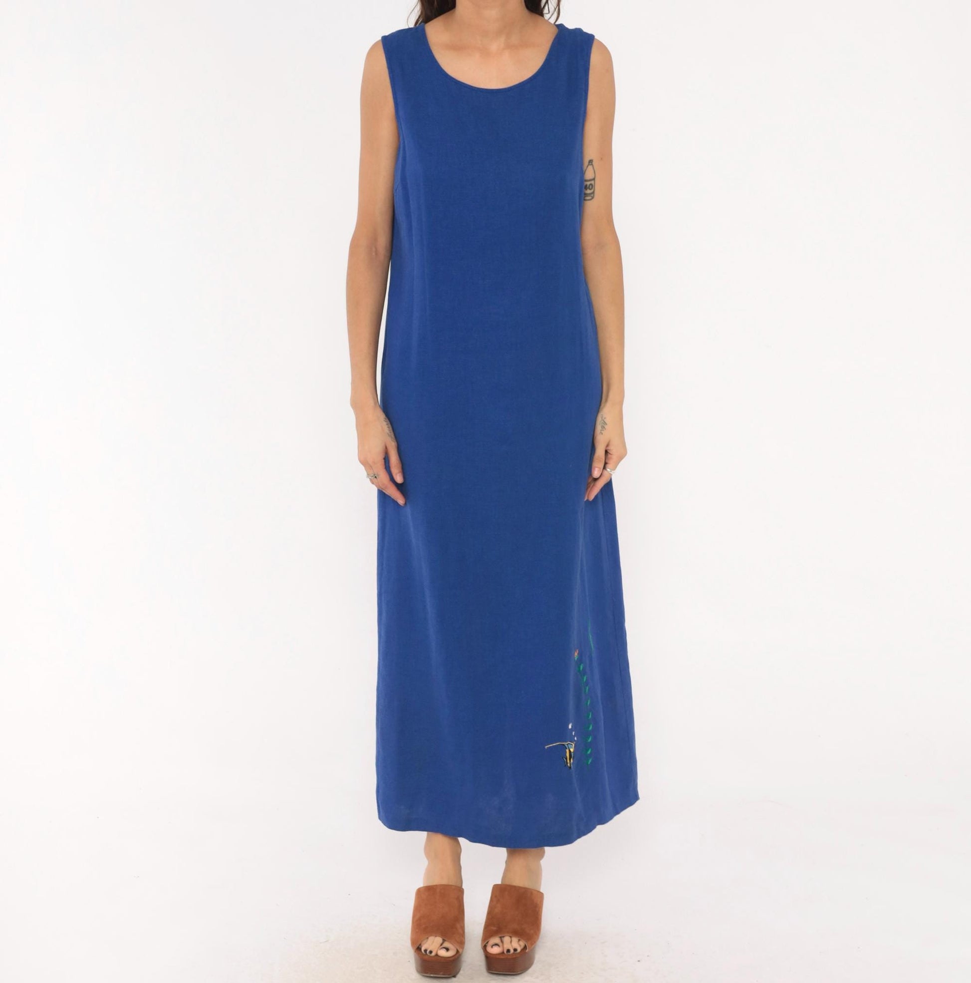 90s Ultra Dress Cobalt Linen Maxi Dress Angelfish Embroidered Medium Large
