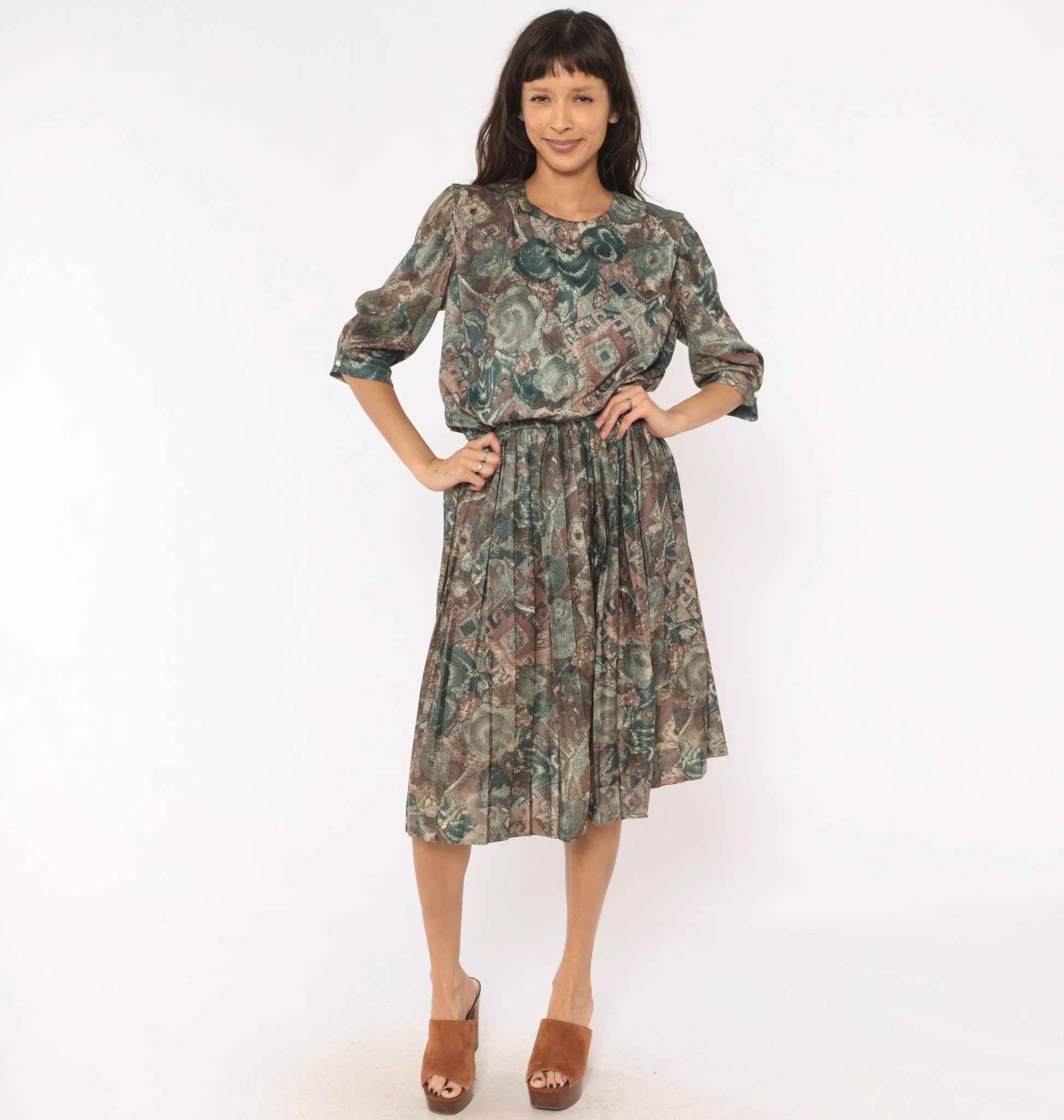 80s M.C.S.Ltd. Abstract Floral Patchwork Dress Puff Sleeve Pleated Knee Teal Medium Large