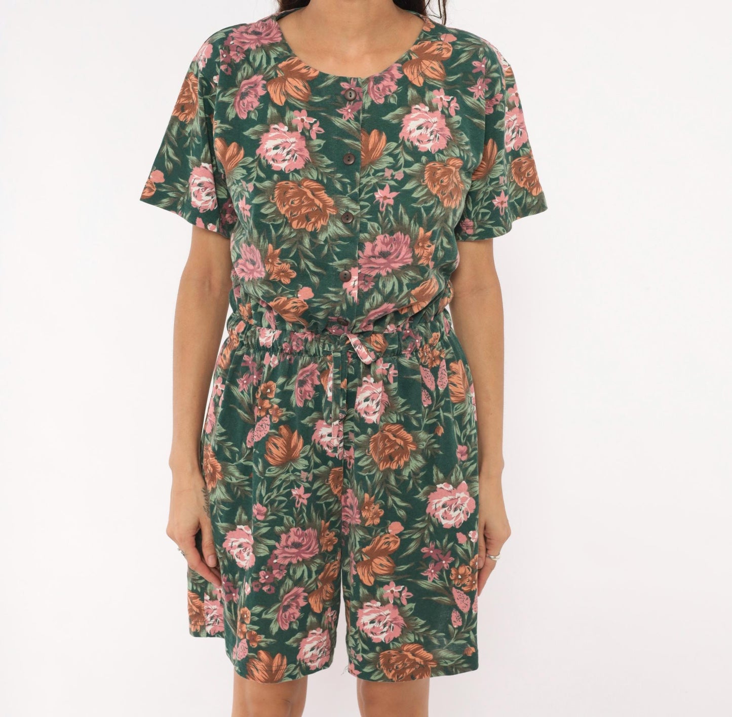 90s Shenanigans Floral Romper Green Pink Rose Drawstring Waist Medium M