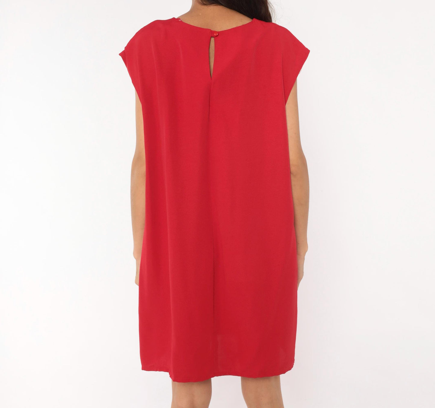 90s Red Shift Dress Cap Sleeve Knee-Length Scoop Neckline Large L