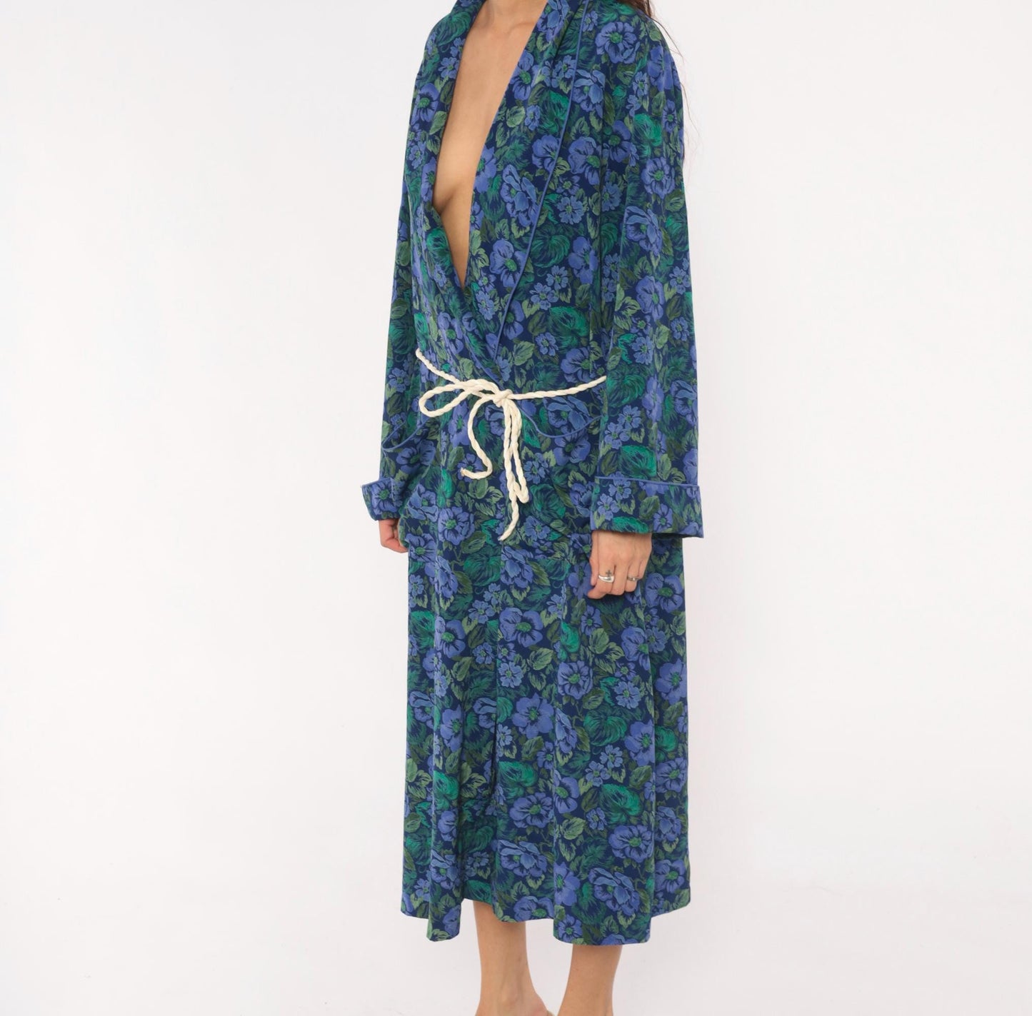 90s Cacique Floral Wrap Robe Periwinkle Navy Botanical Print Midi Large L