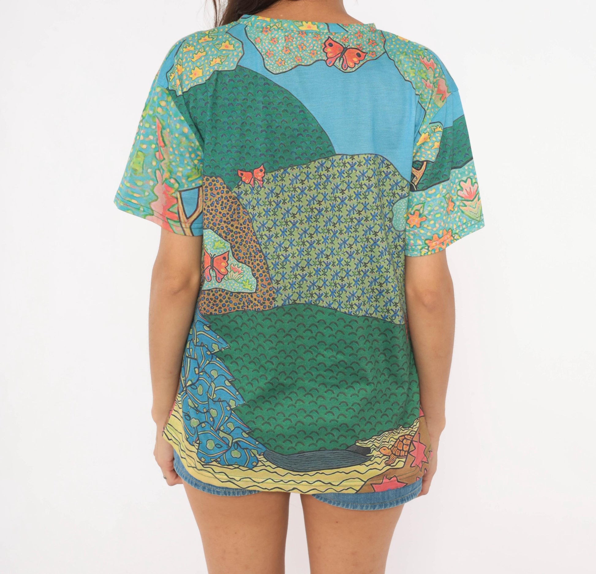 Y2K Cat Tree Tee All Over Print Graphic Multicolor Cats Illustration Medium M