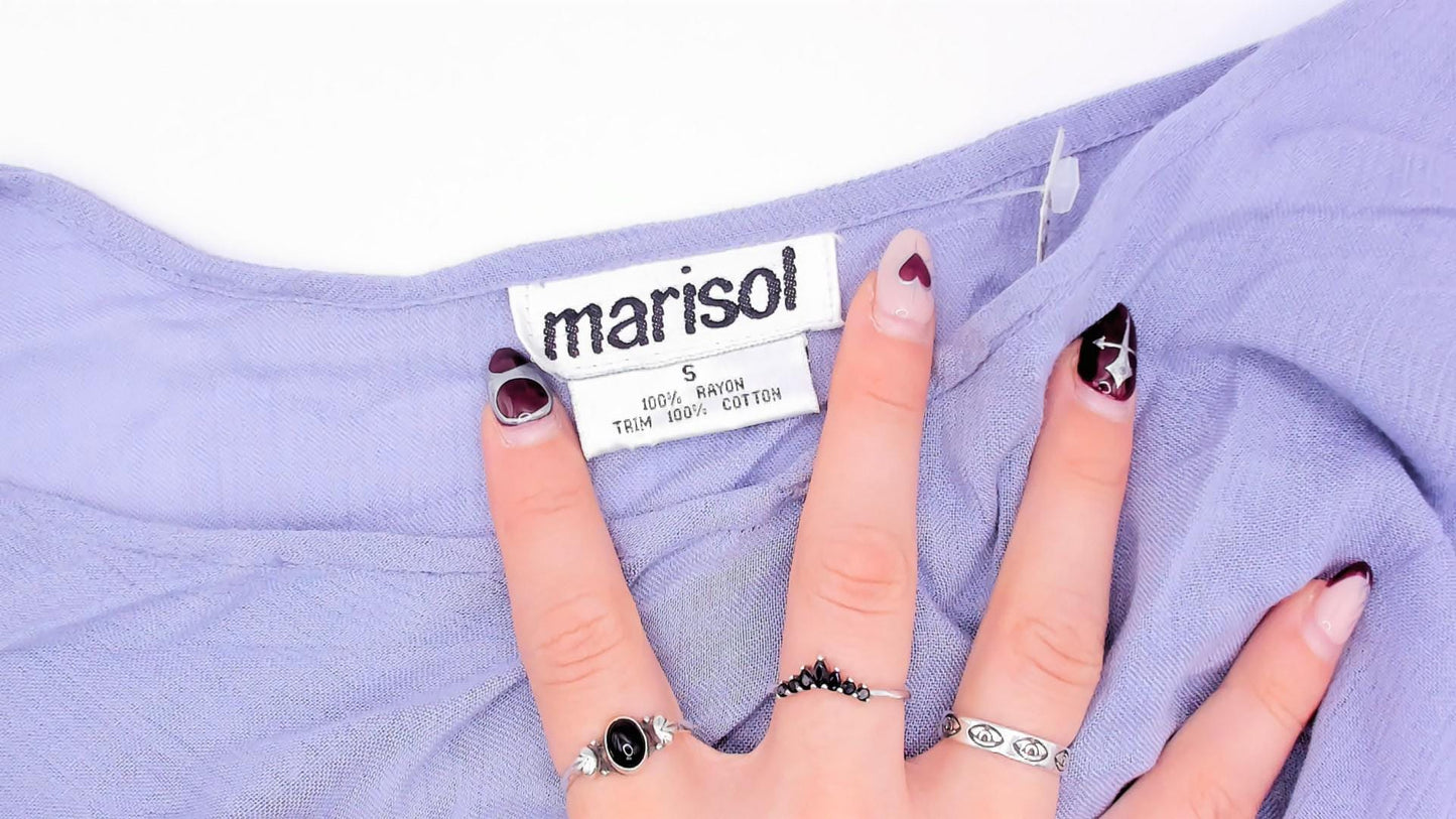 90s Marisol Lavender Crochet Sleeve Blouse Semi Sheer V-Neck Small