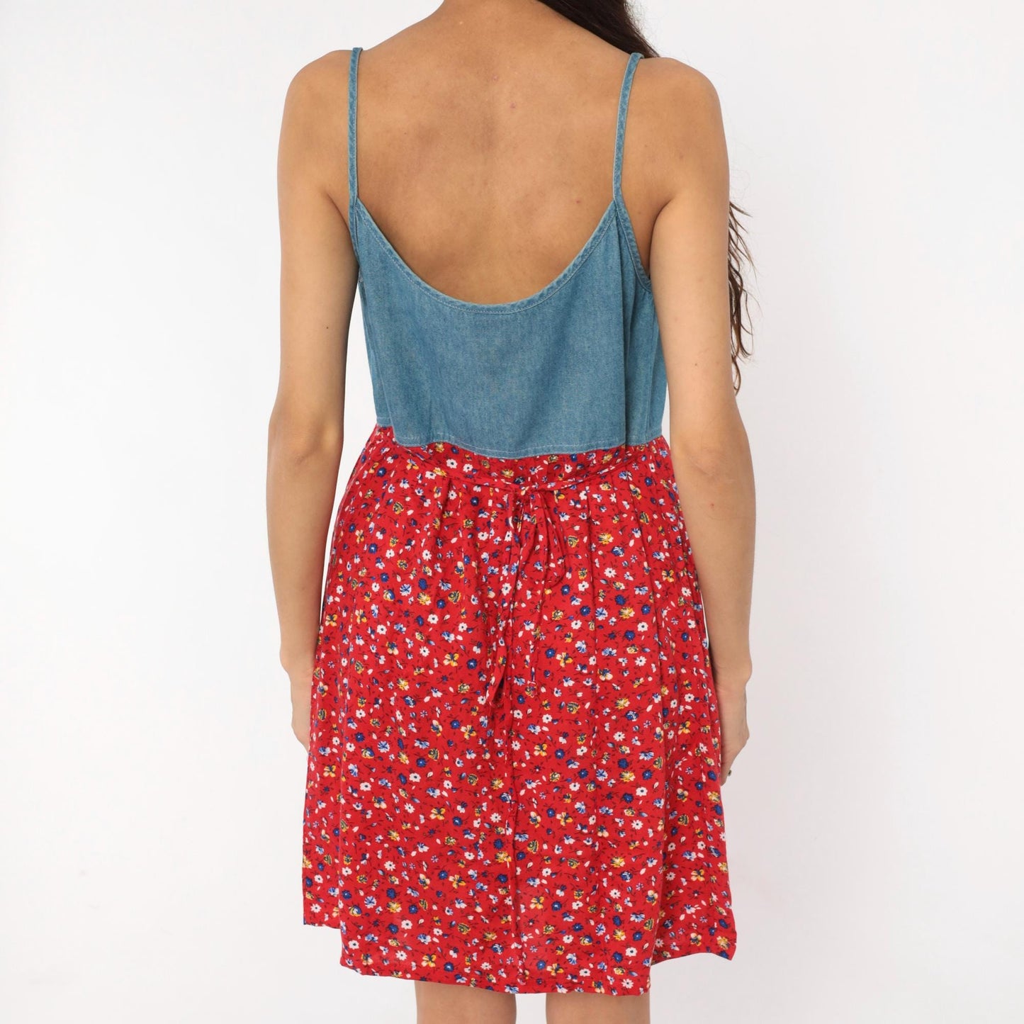 90s California Concepts Denim Floral Sundress Red Calico Mini Medium