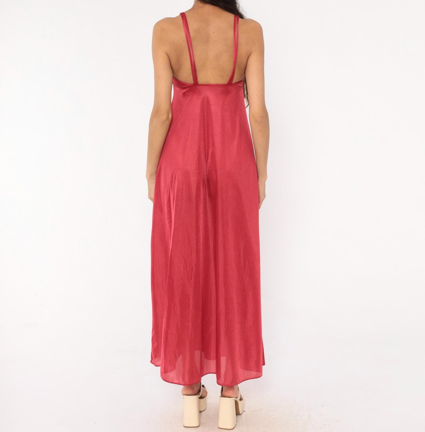 70s Berry Red Butterfly Cutout Nylon Nightgown Maxi Spaghetti Strap Small