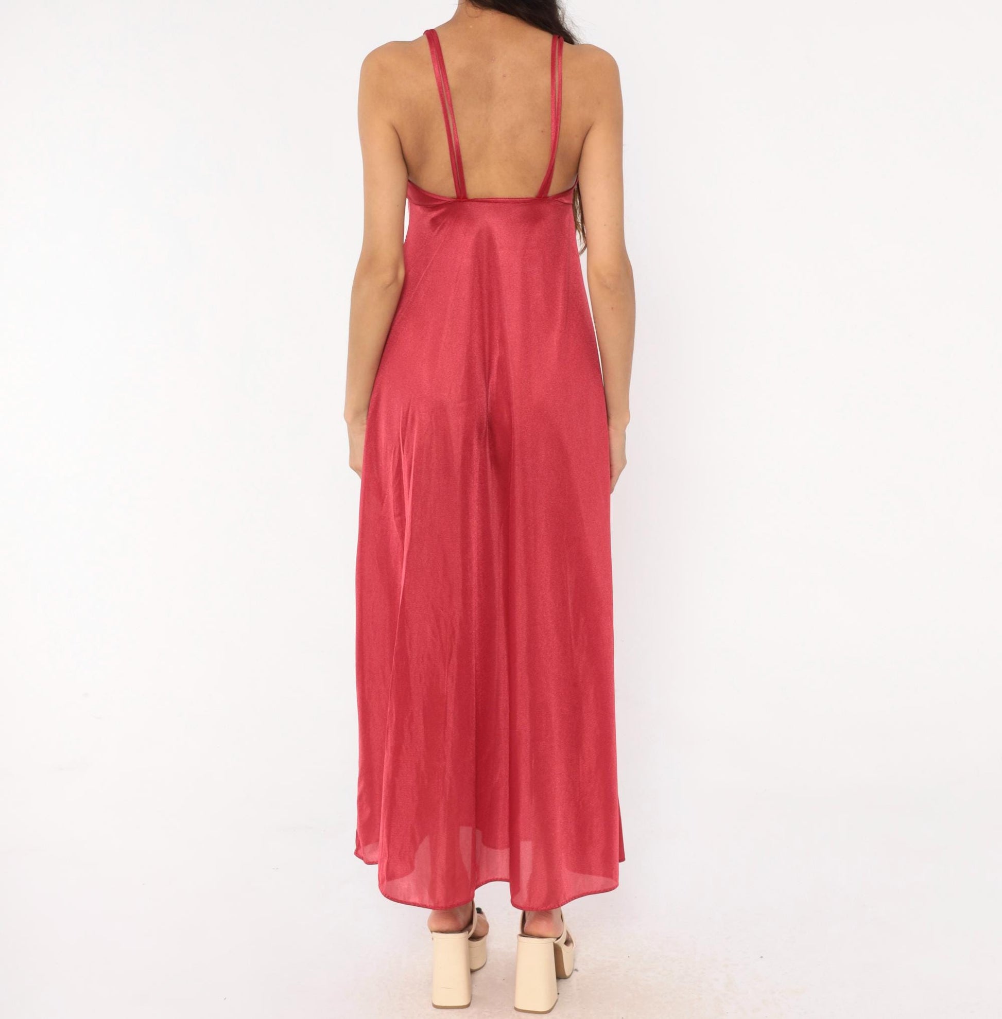 70s Berry Red Butterfly Cutout Nylon Nightgown Maxi Spaghetti Strap Small