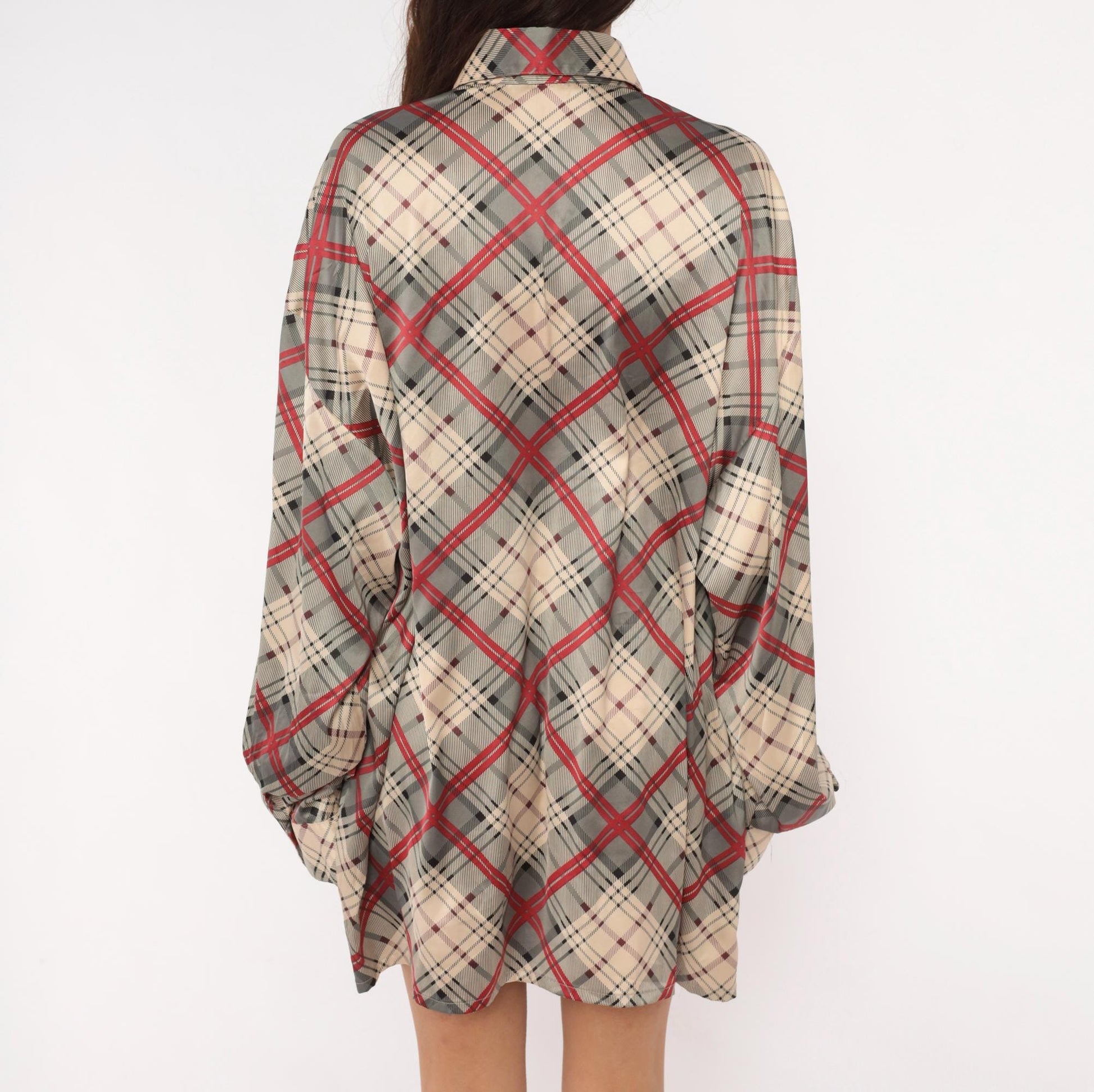 70s Monzini Plaid Button-Front Shirt Burgundy Pointed Collar Extra Large XL