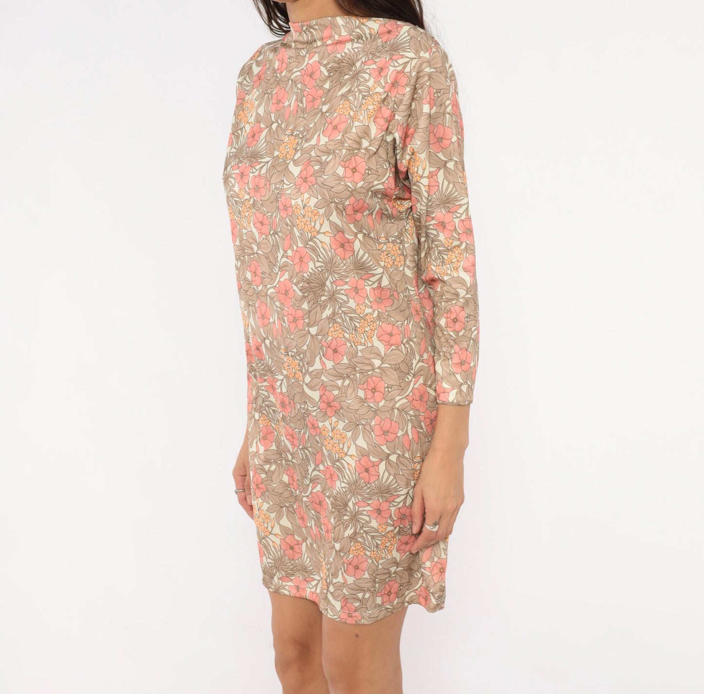 70s Tropical Floral Shift Dress Cream Pink Coral Three-Quarter Sleeve Extra Small XS