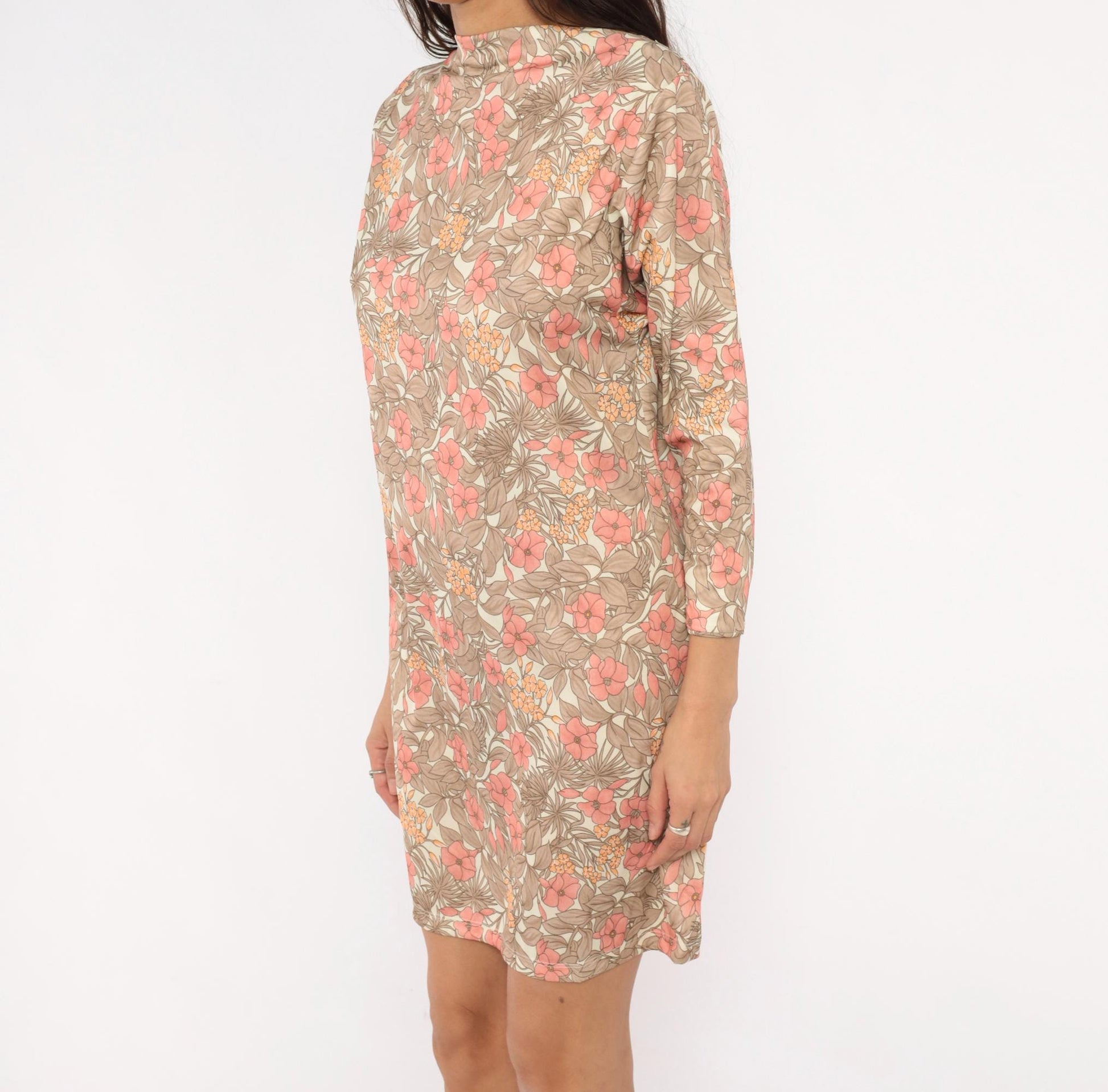 70s Tropical Floral Shift Dress Cream Pink Coral Three-Quarter Sleeve Extra Small XS