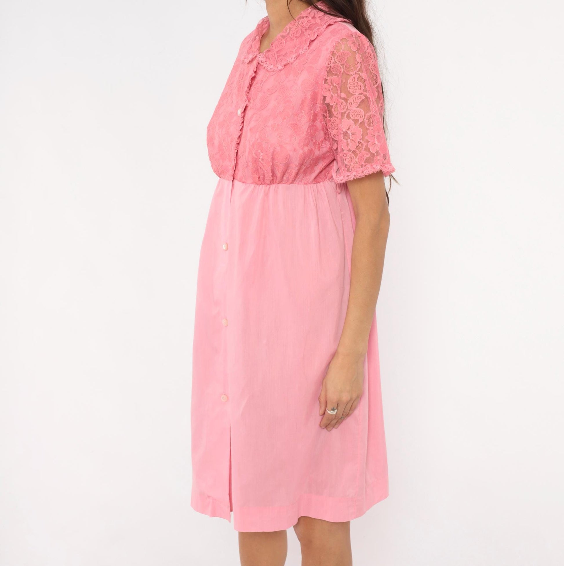 80s Pink Lace Housecoat Button Front Floral Nightgown Large L