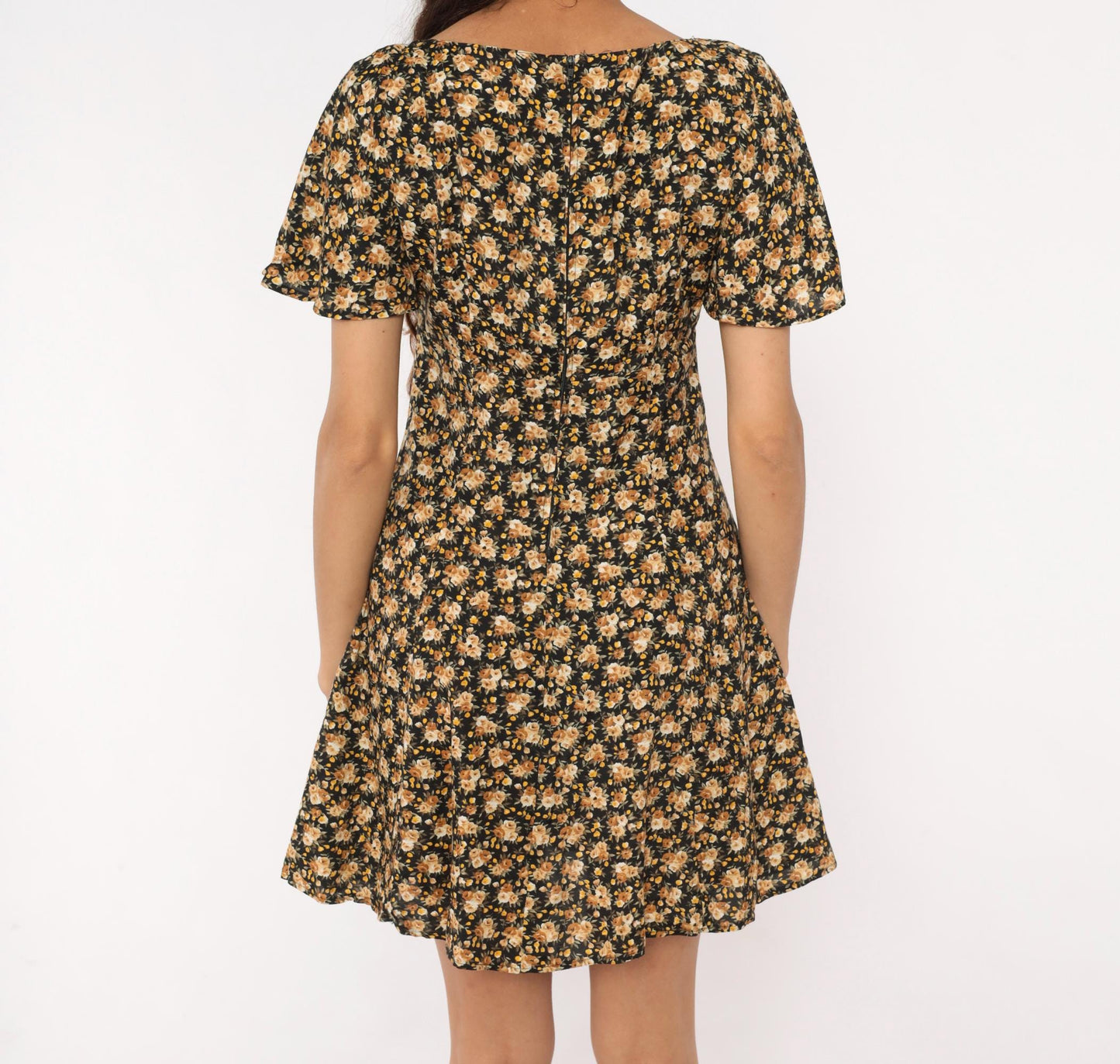 90s Contempo Casuals Floral Mini Dress Black Peach Rose V-Neck Flutter Sleeve Small S
