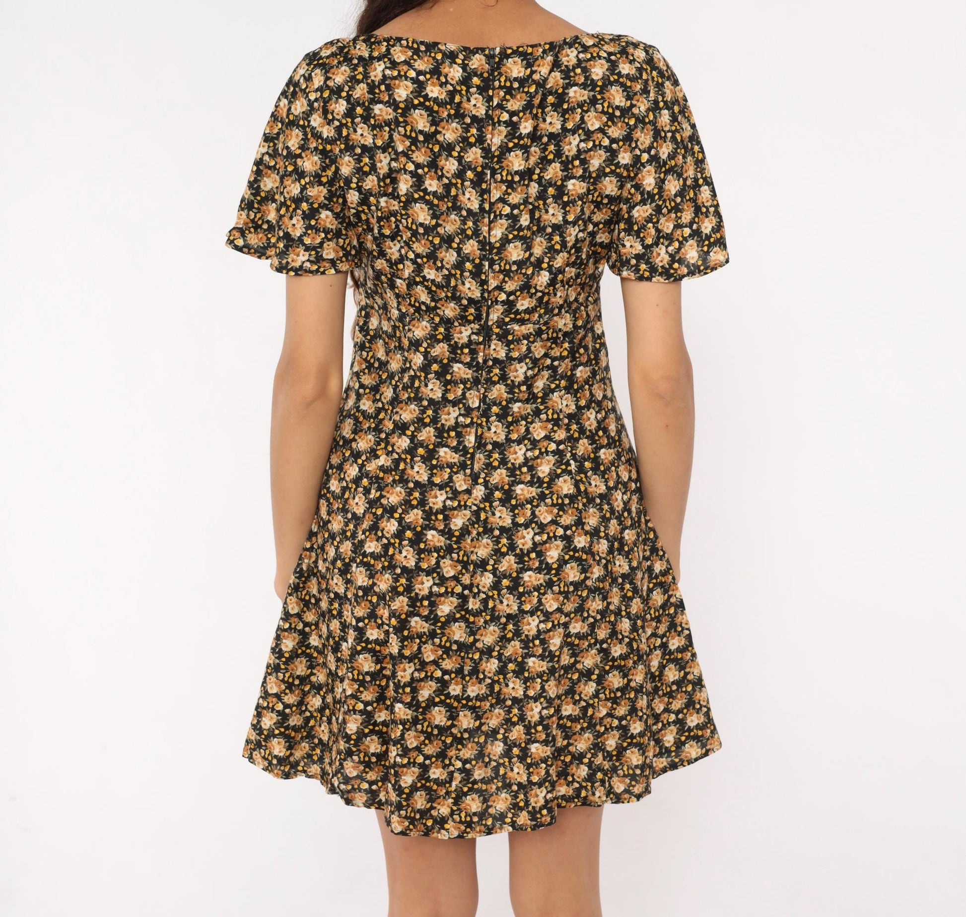 90s Contempo Casuals Floral Mini Dress Black Peach Rose V-Neck Flutter Sleeve Small S