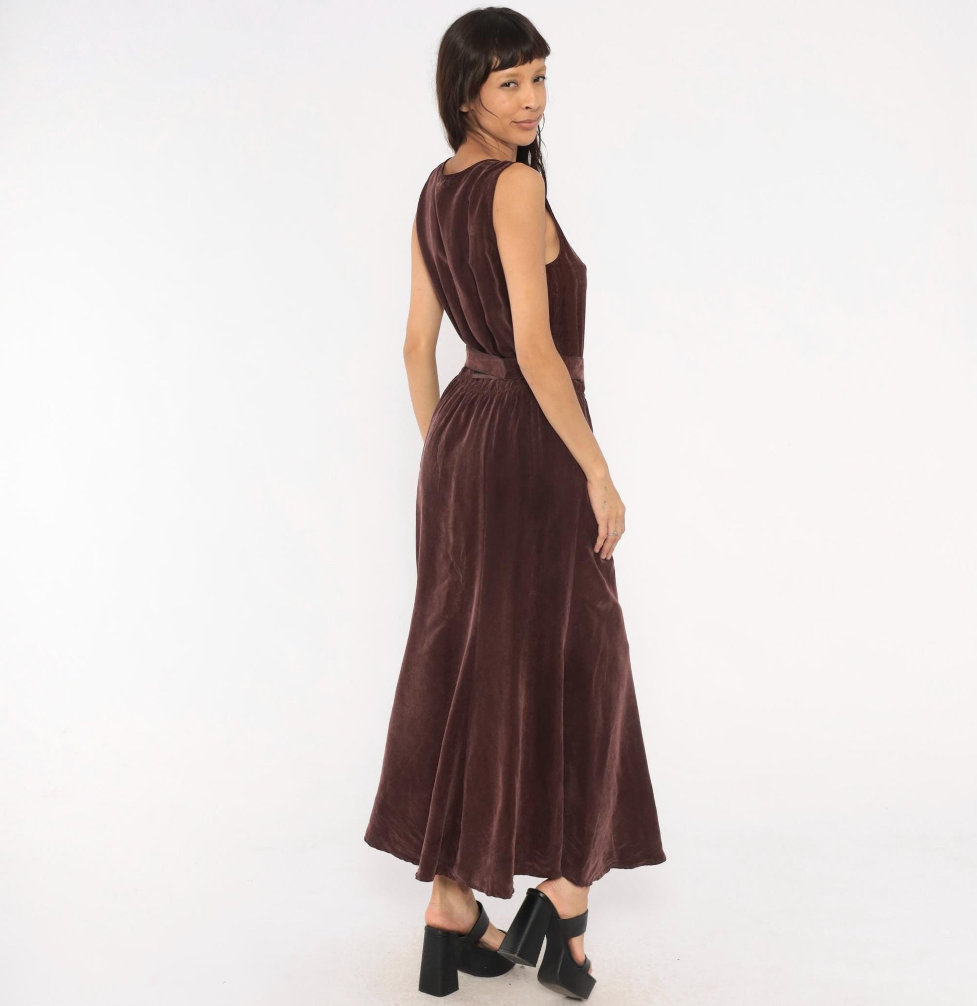 90s Plum Velvet Maxi Dress Sleeveless Scoop Neck Floral Belt Small Medium