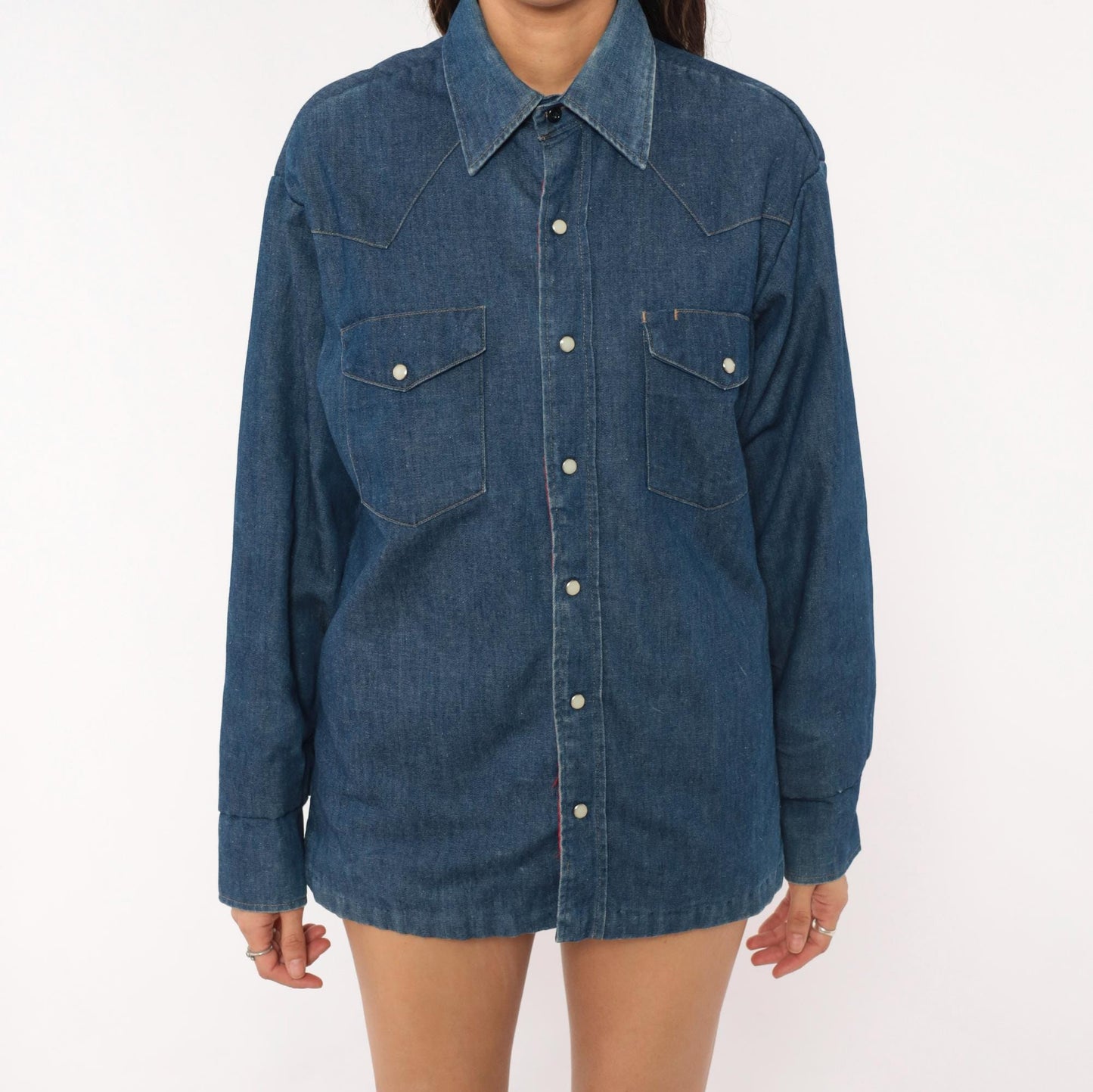 80s JC Penney Western Denim Shirt Cobalt Blue Pearl Snap Yoke Medium