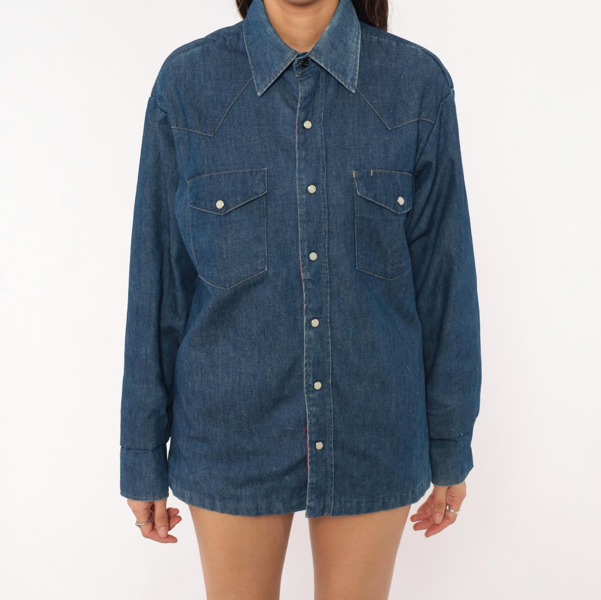 80s JC Penney Western Denim Shirt Cobalt Blue Pearl Snap Yoke Medium