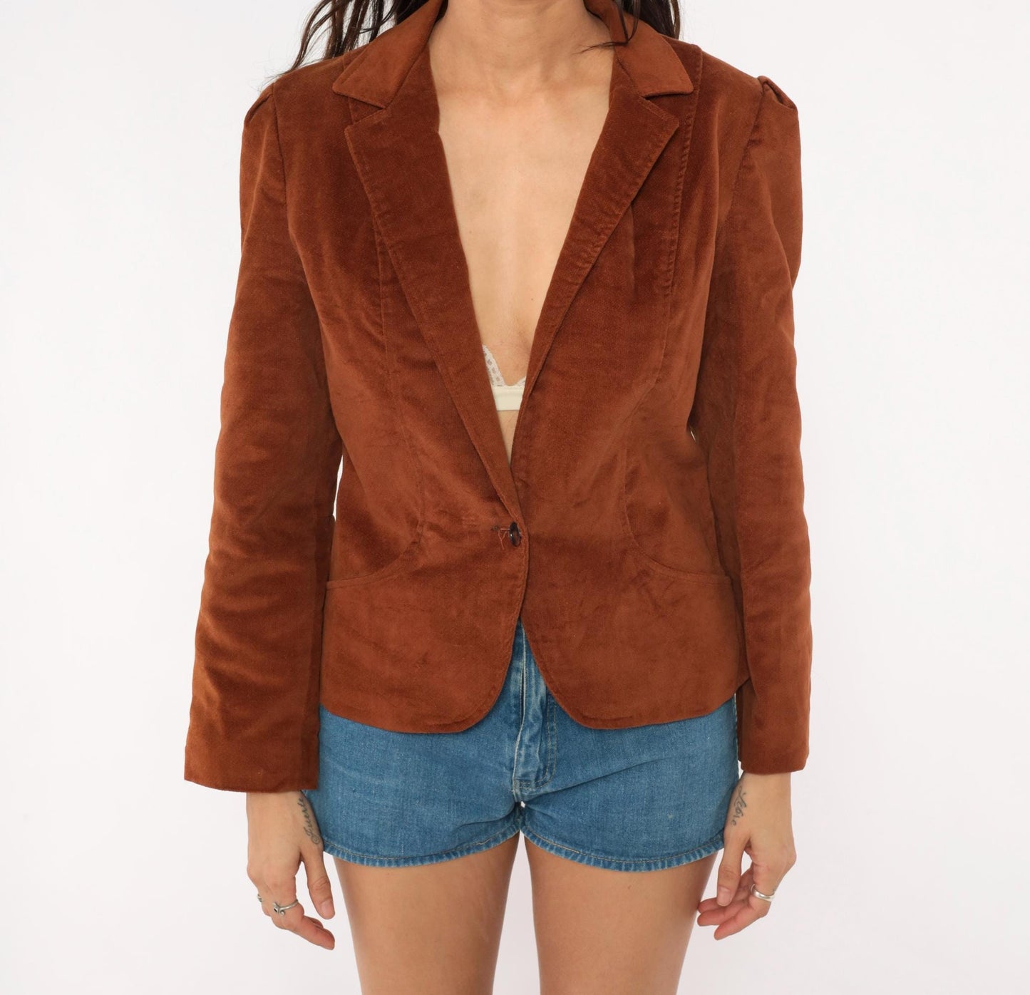 70s Brown Velvet Blazer Single Button Puff Shoulder Fitted Jacket Small