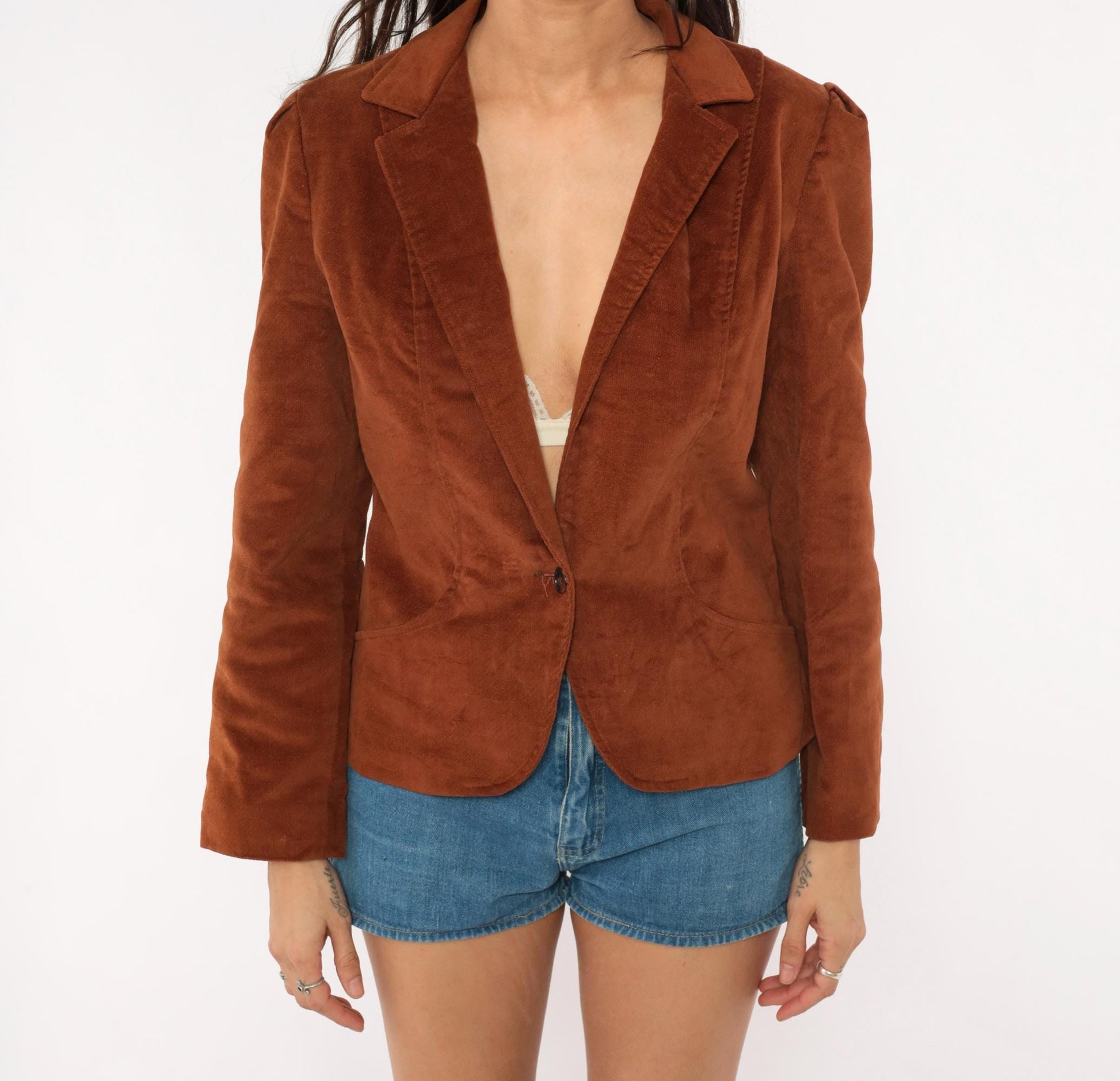 70s Brown Velvet Blazer Single Button Puff Shoulder Fitted Jacket Small