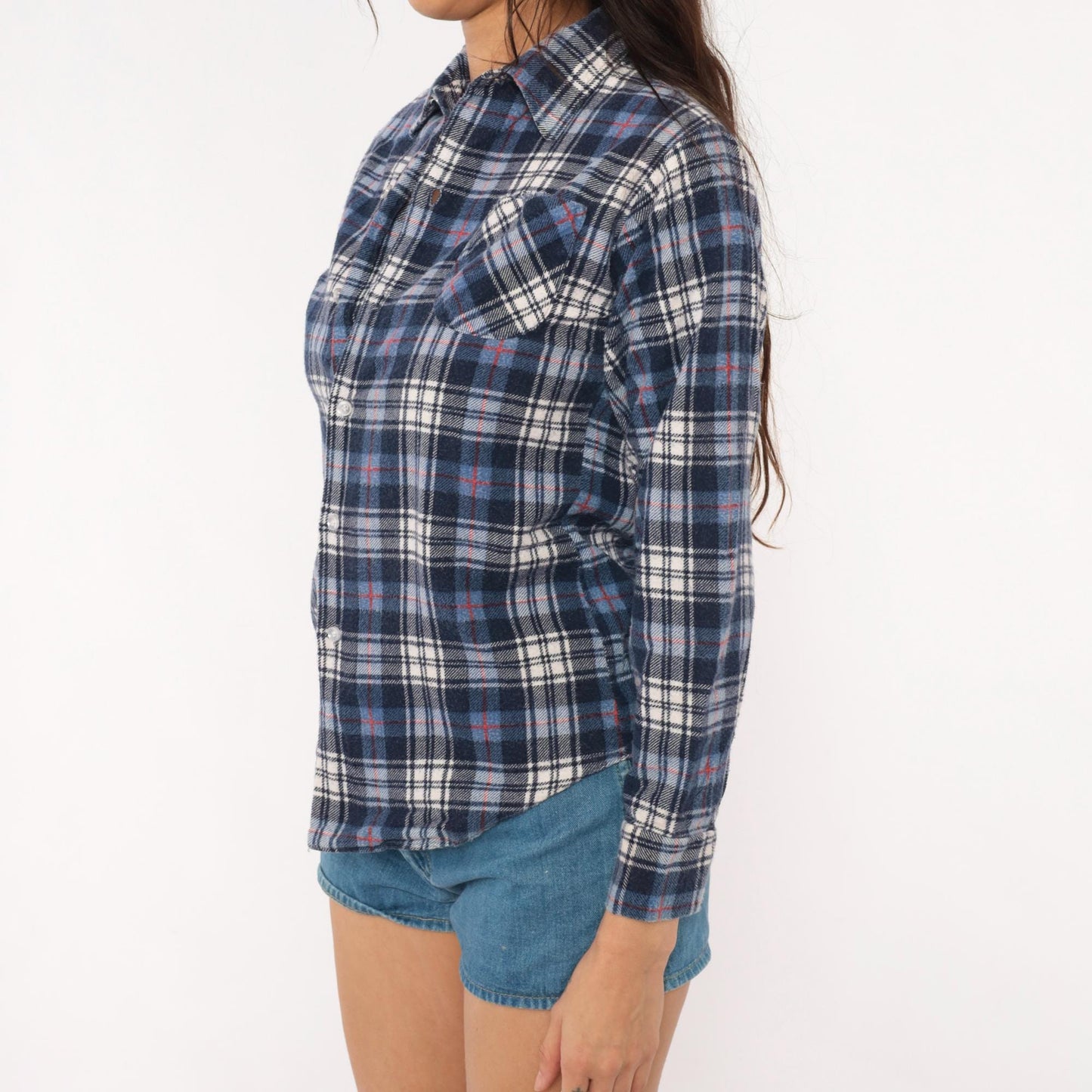 80s JC Penney Navy Plaid Flannel Shirt Cotton Button-Up XS