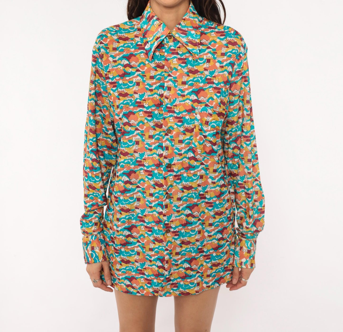 70s Towncraft Village Landscape Shirt Pointed Collar Scenic Print Medium