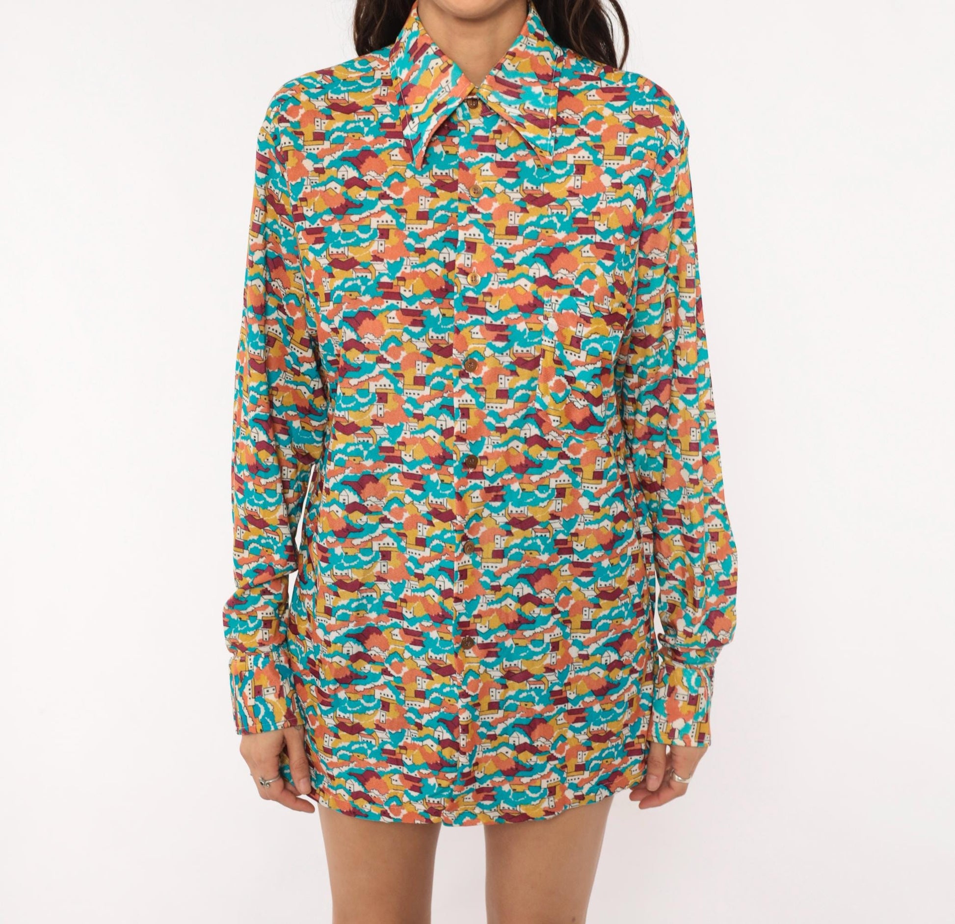 70s Towncraft Village Landscape Shirt Pointed Collar Scenic Print Medium