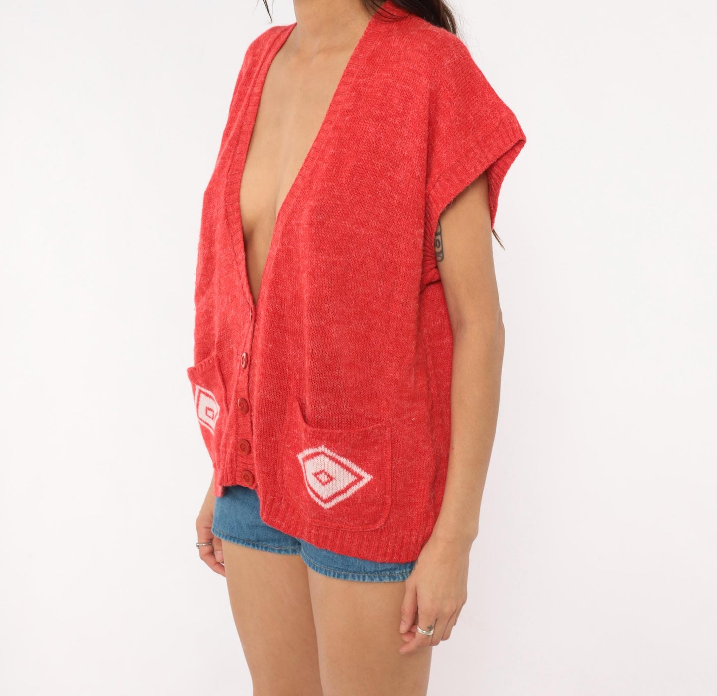 80s Red Knit Vest Button Front V Neck Diamond Pocket Cardigan Large L
