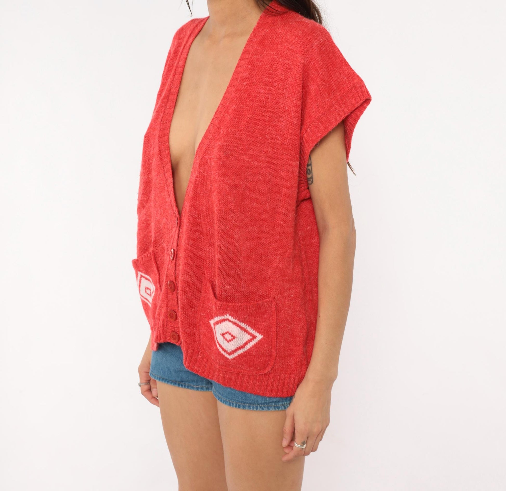 80s Red Knit Vest Button Front V Neck Diamond Pocket Cardigan Large L