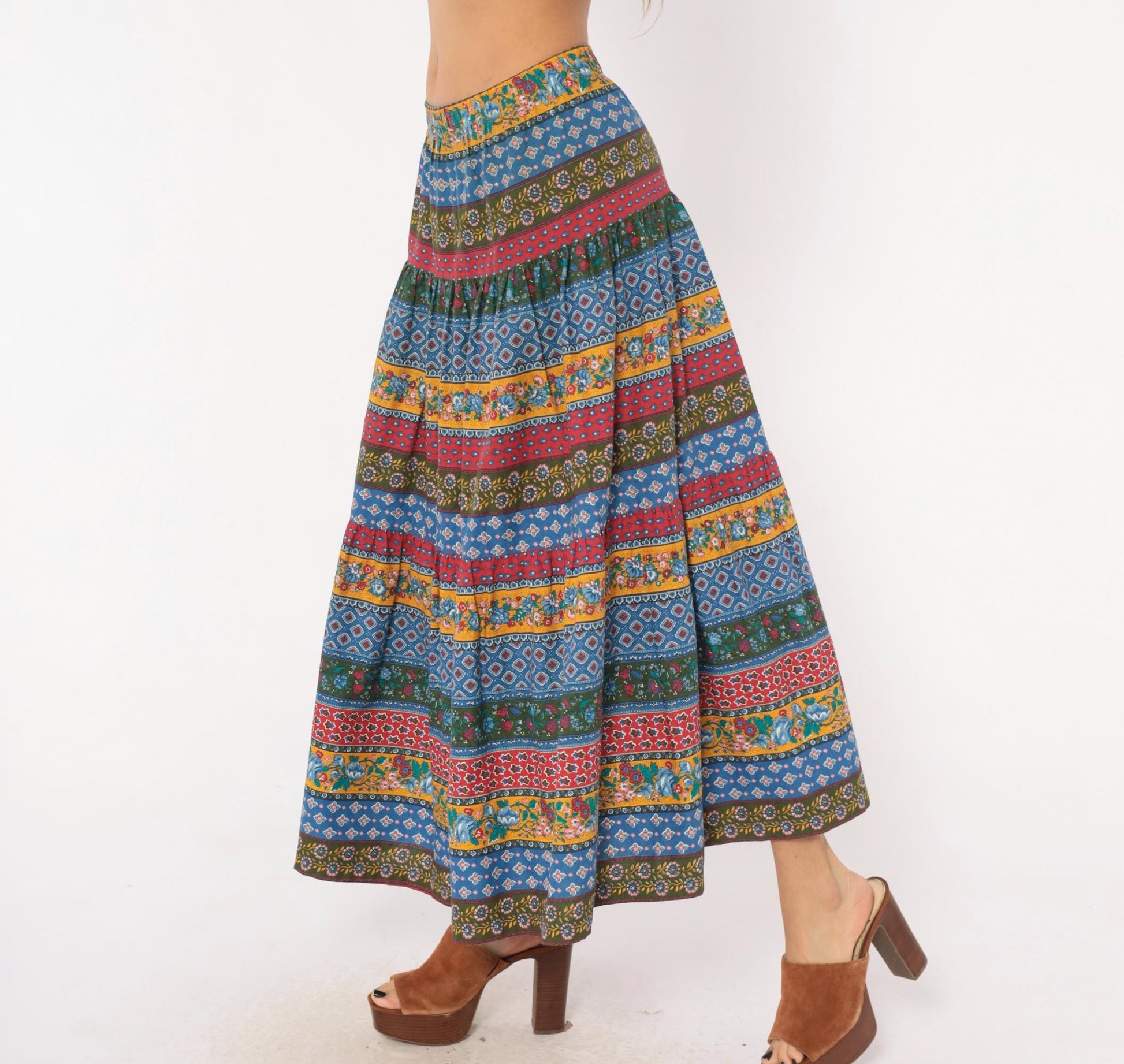 80s Anne Marie Patchwork Tiered Maxi Skirt Floral Striped Cotton Medium M