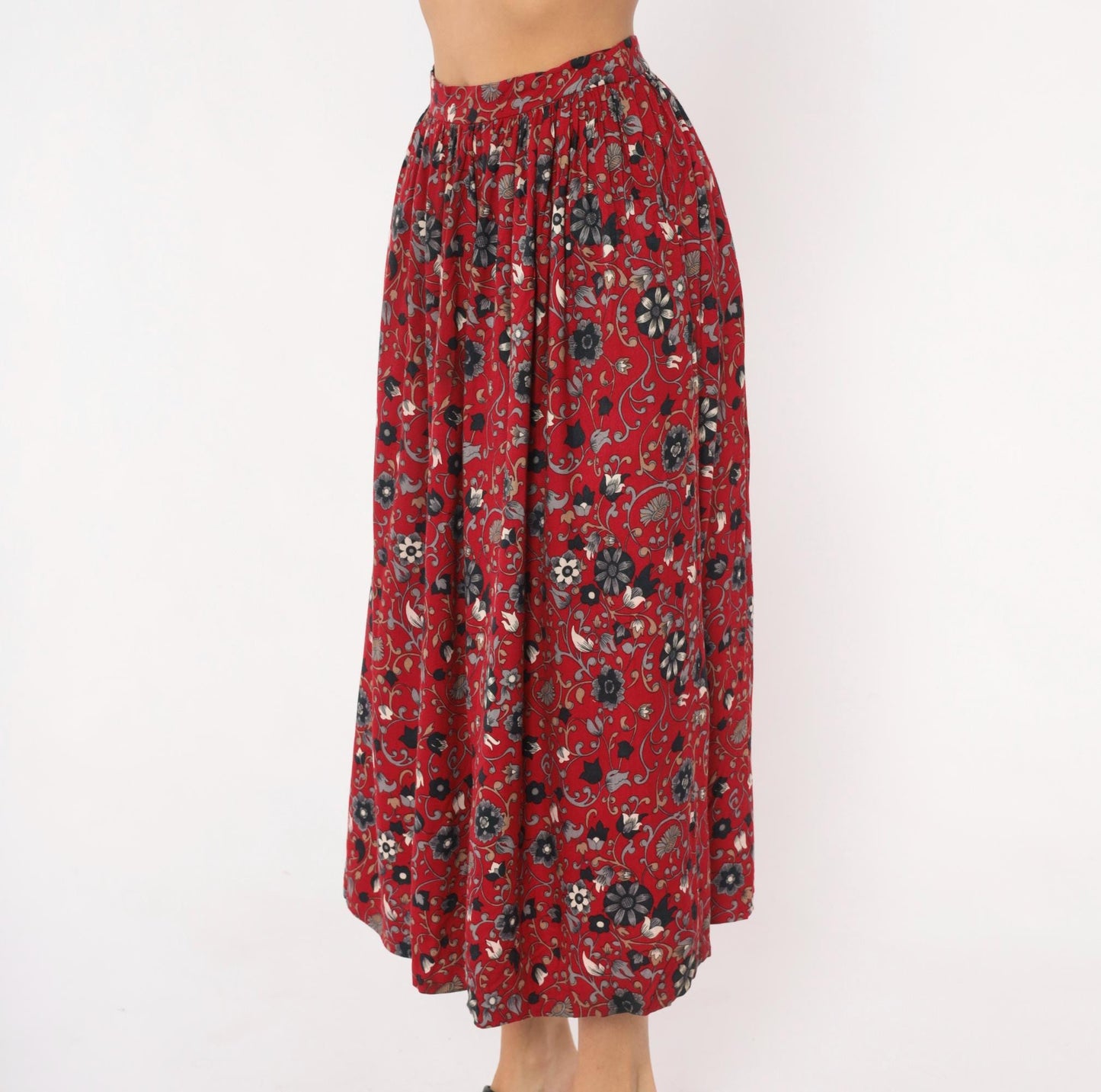 80s David Brooks Floral Midi Skirt Crimson Botanical Gathered Waist Small