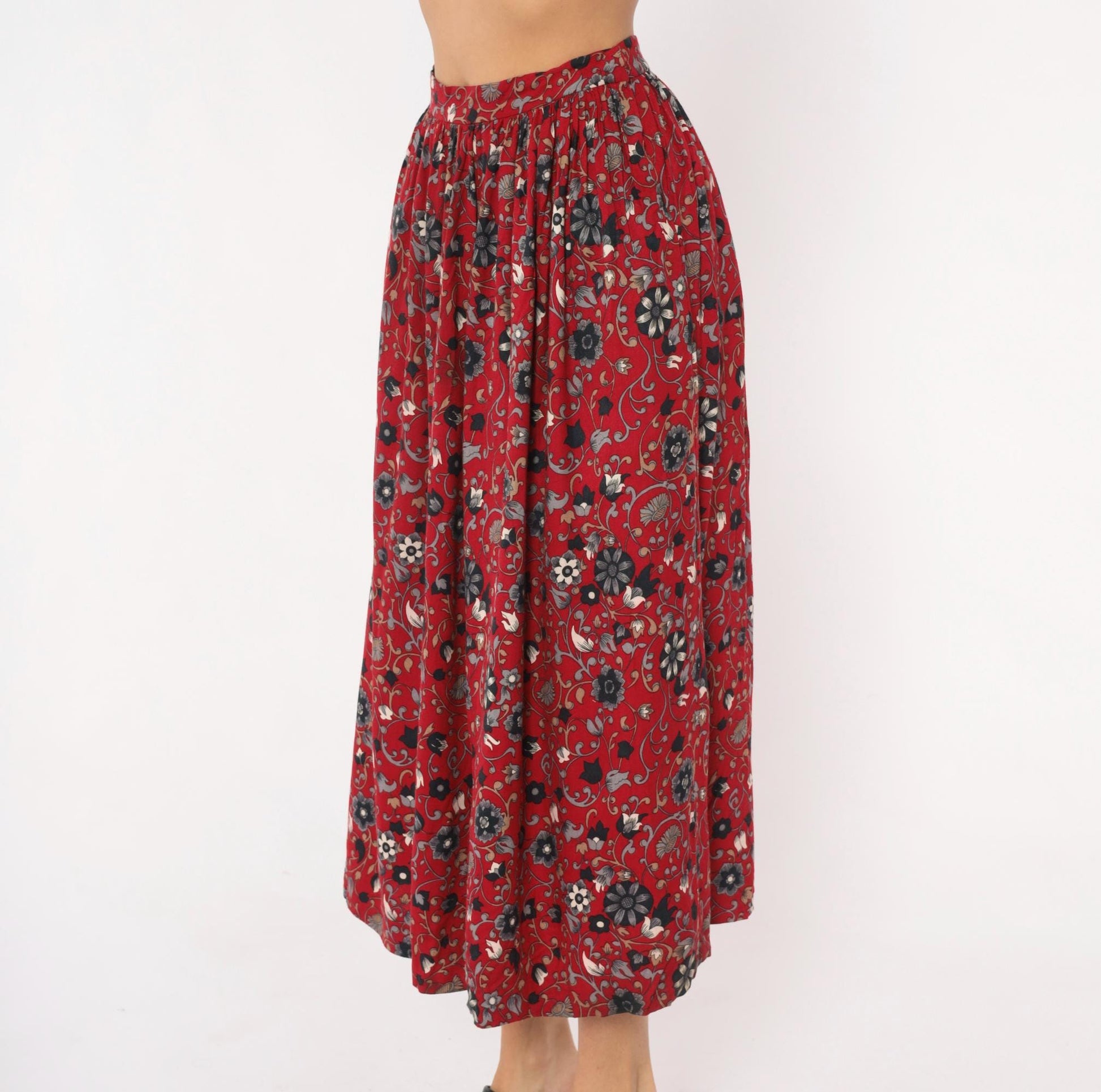 80s David Brooks Floral Midi Skirt Crimson Botanical Gathered Waist Small