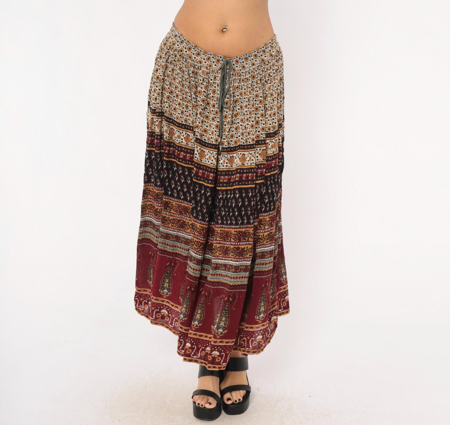 90s Sag Harbor Indian Block Print Maxi Skirt Burgundy Paisley Drawstring Large L