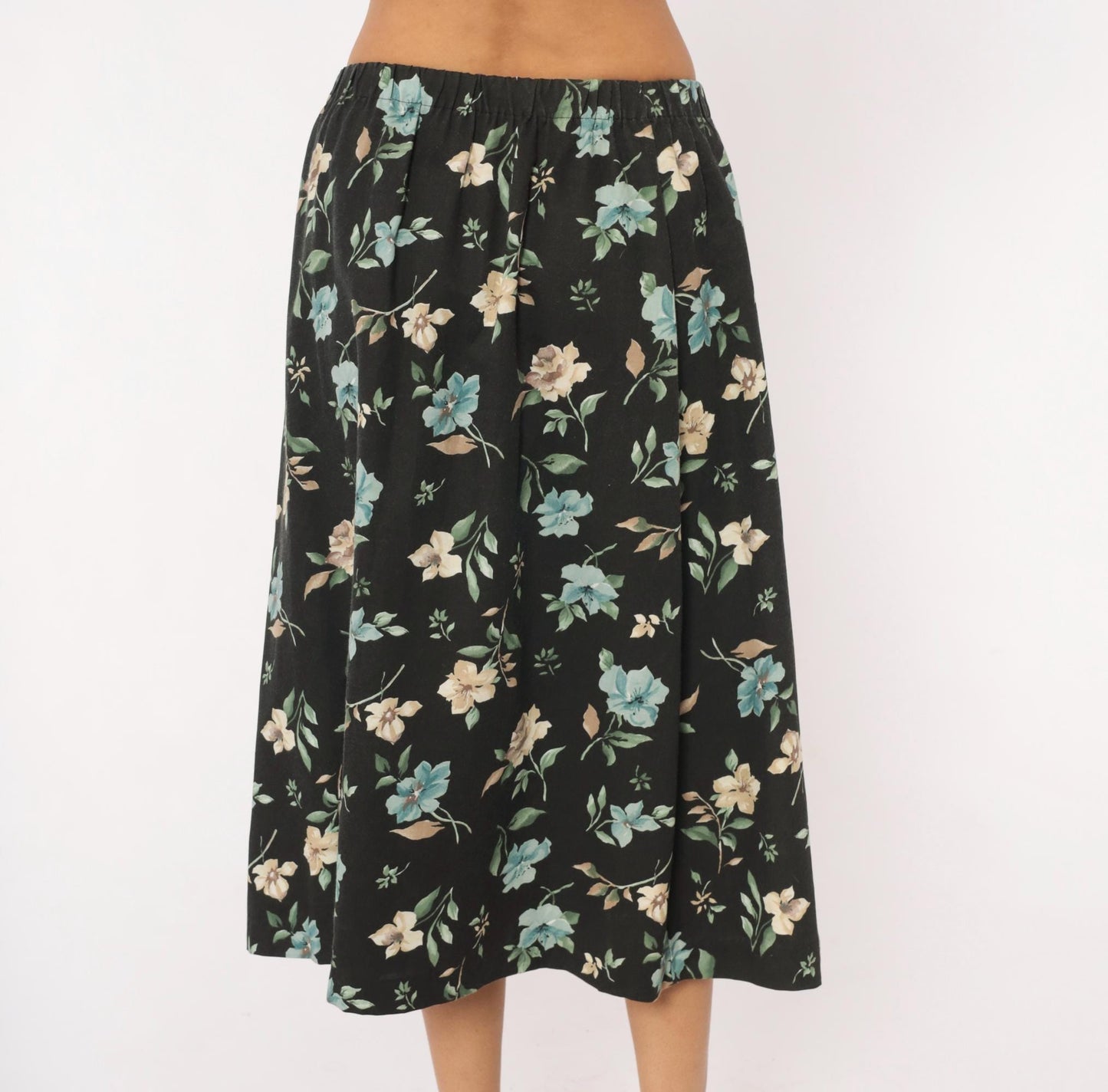 80s Blair Floral Midi Skirt Black Botanical Print Sage Green Medium