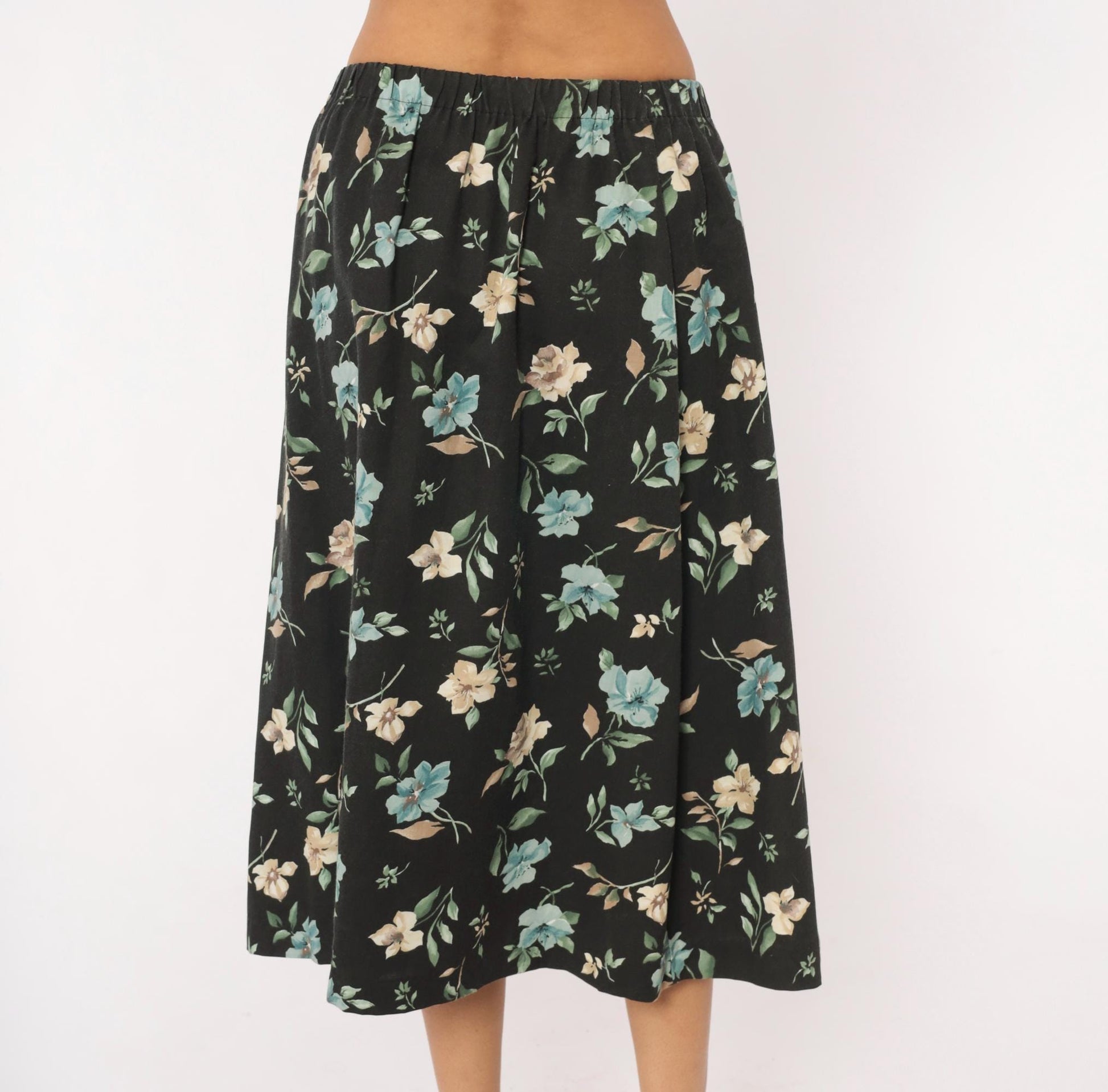 80s Blair Floral Midi Skirt Black Botanical Print Sage Green Medium