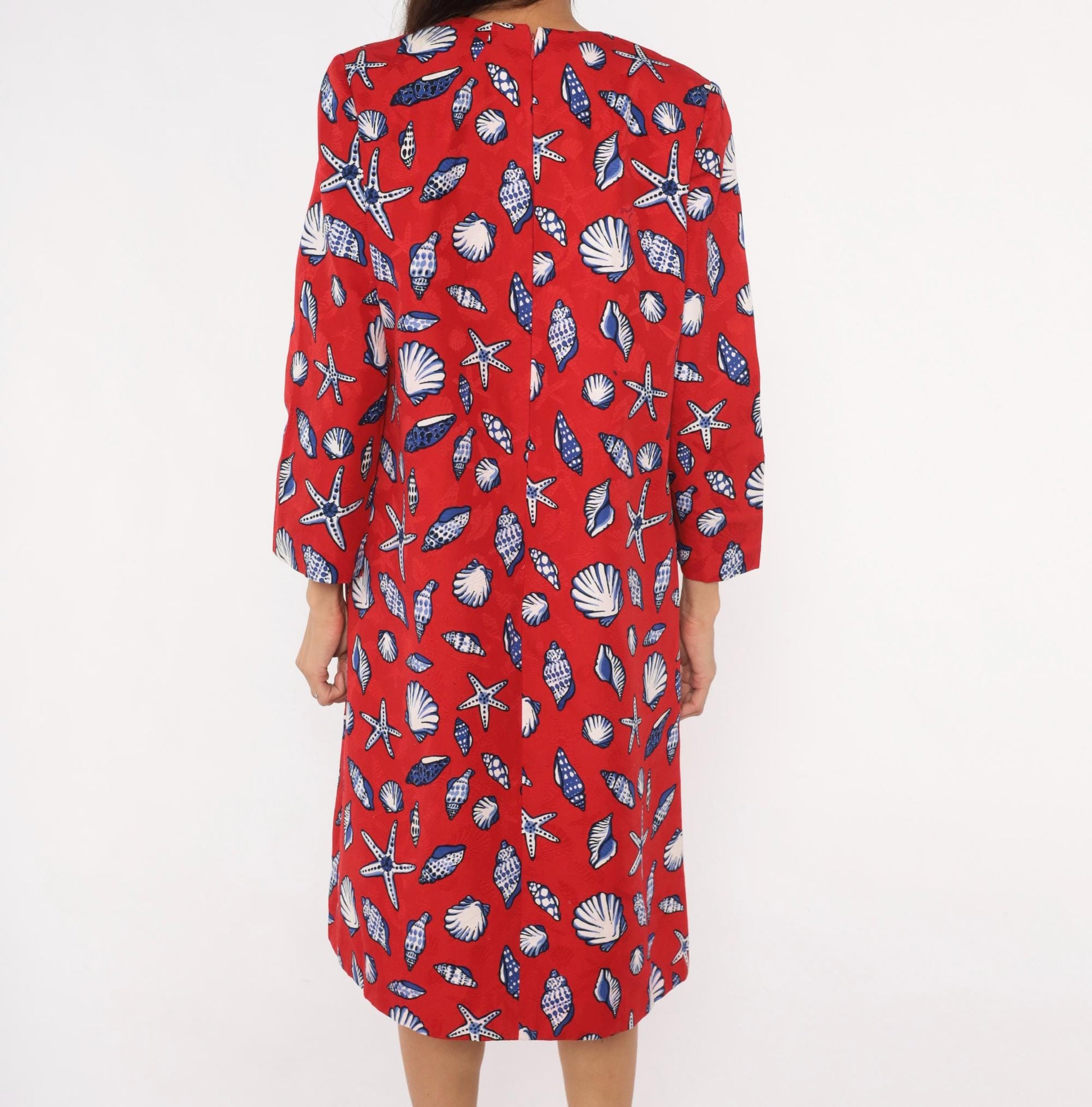 70s Bill Blass Seashell Starfish Print Shift Dress Red Cotton Lace-Up Large L