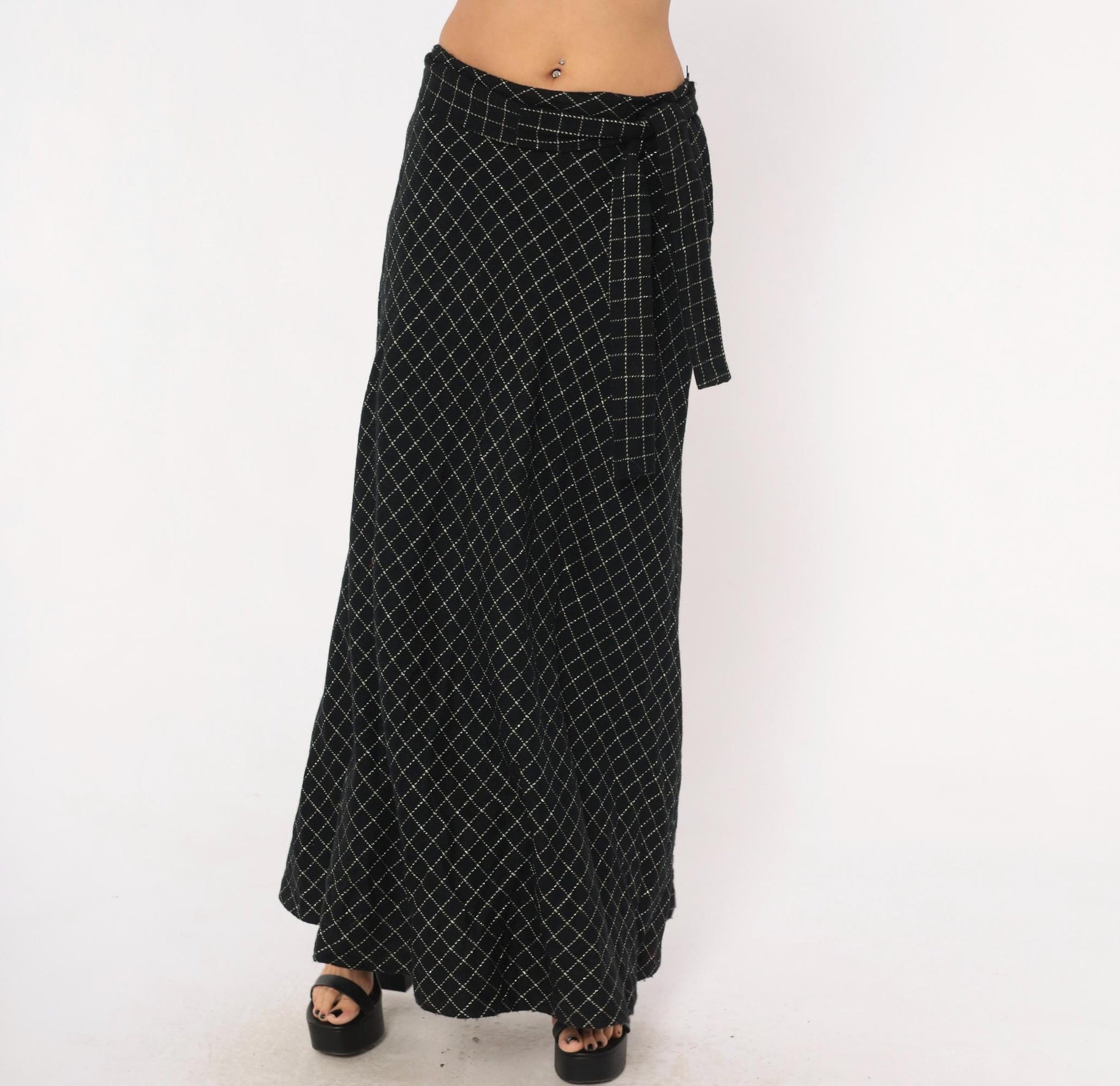 70s Signature Black Maxi Skirt Diamond Quilted Silver Metallic Medium M