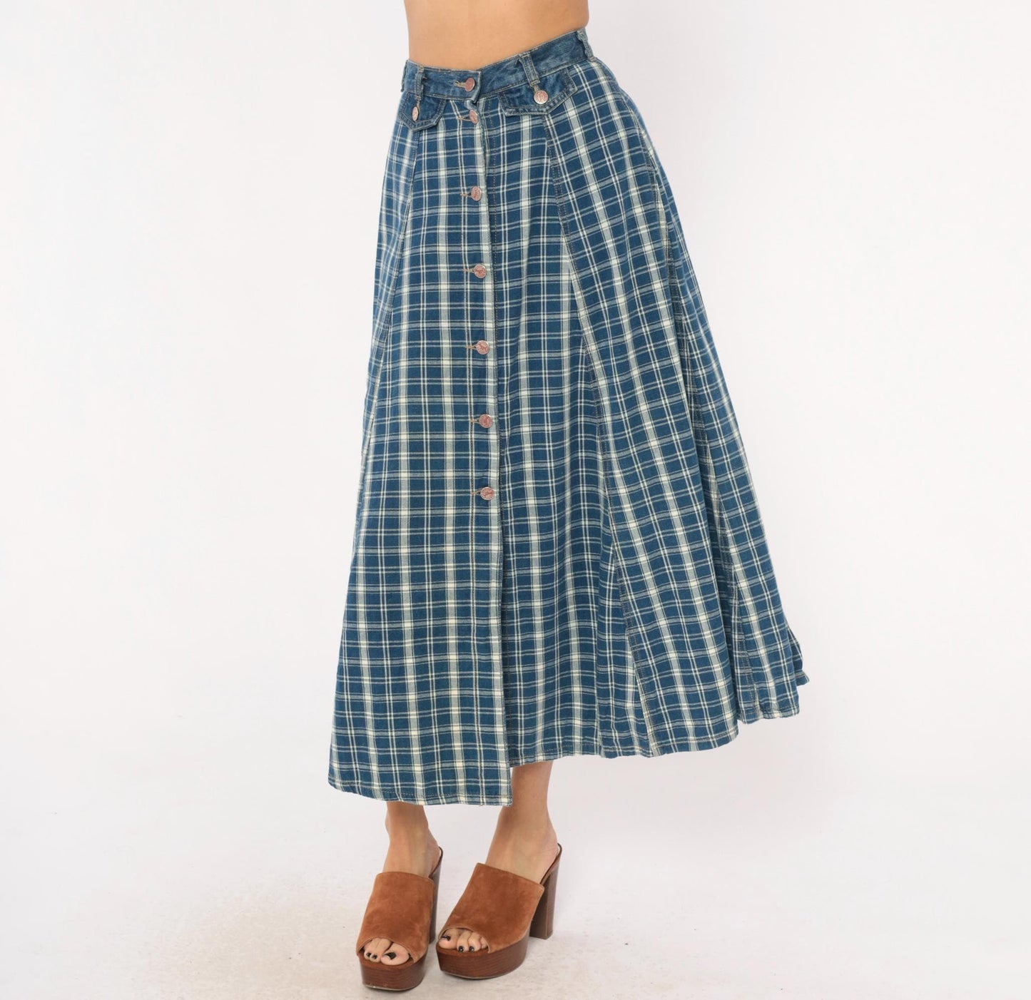 90s Outlaw Blue Plaid Cotton Midi Skirt Button Front XS